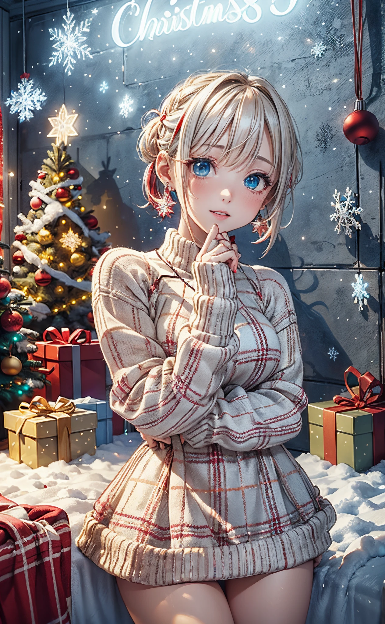 absurderes, ultra-detailliert,bright colour, Short hair,Blonde hair with fluffy short twintails:1.2) Shiny hair,(red and white plaid sweater dress:1.5),(Open mouth and laugh 1. 3),(Close one eye and feel shy:1.3),(Christmas tree:1.3),(Christmas Decorations:1.3),(colorful led lights on the wall:1.5),Delicate beautiful face, red blush、(Deep Blue Eyes:1.5), White skin, hair clips, earrings, a necklace,Heavy snow outside the window,You can also see the starry sky and the aurora borealis......