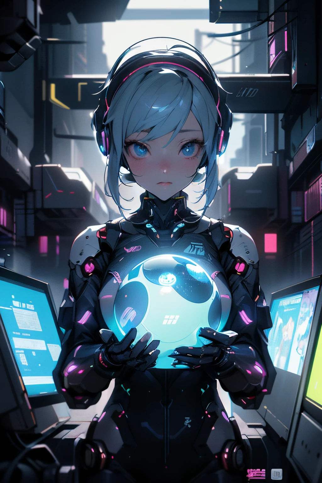 anime girl avec des écouteurs tenant une boule lumineuse dans ses mains, meilleur fond d&#39;écran anime 4k konachan, digital art animé cyberpunk, cyberpunk numérique - art anime, art cyberpunk animé, fille animée cyberpunk, fille animée cyberpunk mech, anime cyberpunk moderne, art animé cyberpunk, fille androïde parfaite, anime cyberpunk, anime fille du futur, héroïne androïde, female fille animée cyberpunk