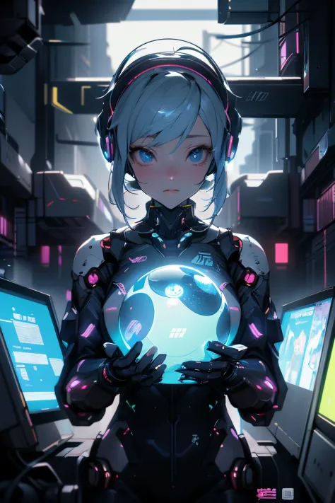 anime girl with headphones holding a glowing ball in her hands, best anime 4k konachan wallpaper, digital cyberpunk anime art, d...