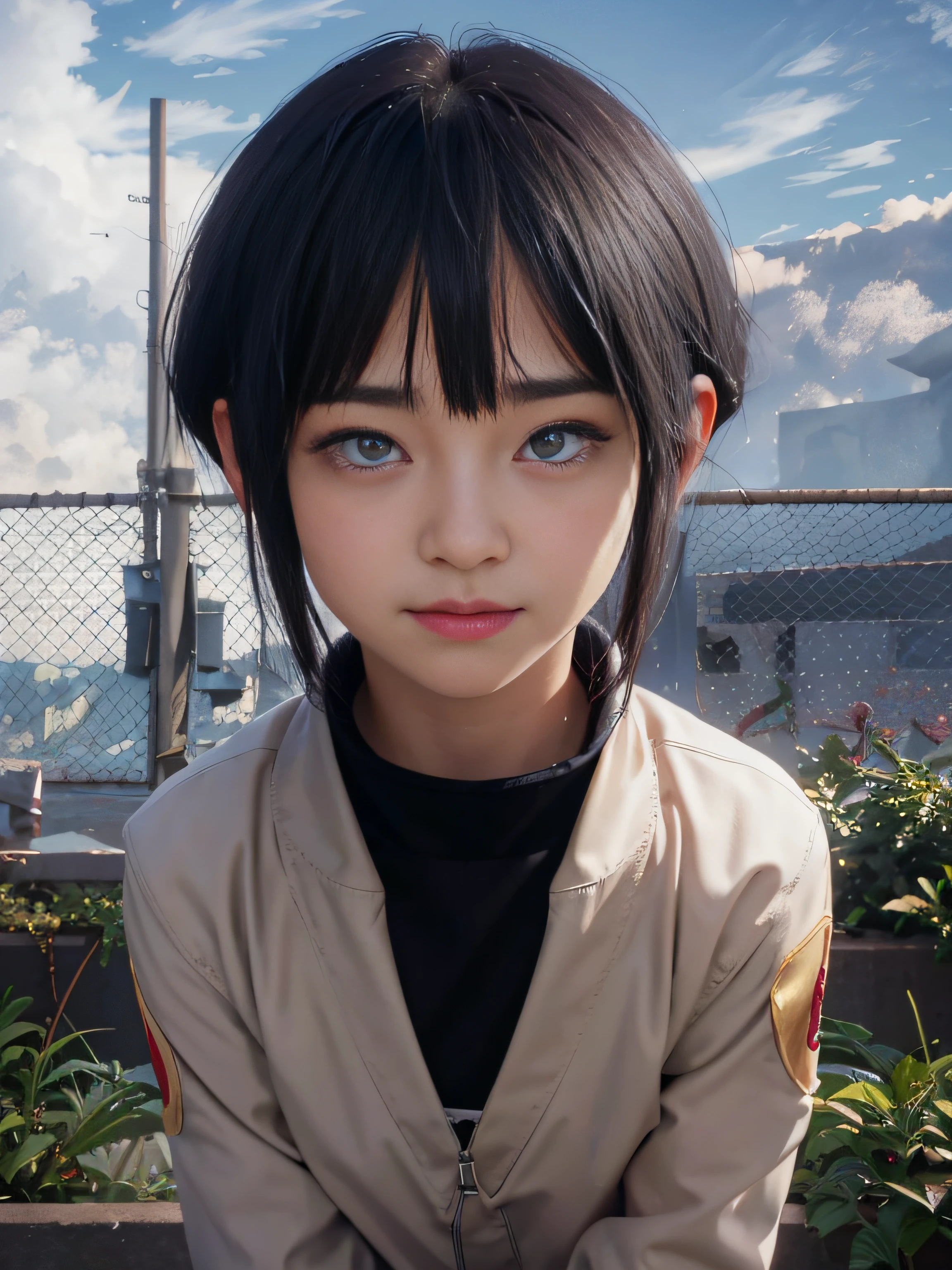 masterpiece, best quality, (realistic, photo-realistic:1.4), (RAW photo:1.2), extremely detailed CG unity 8k wallpaper, delicate and beautiful, amazing,finely detail, official art, absurdres, incredibly absurdres, huge filesize, ultra-detailed,extremely detailed eyes and face, light on face,little smile,potrait,long hair,blue eyes,city background,black hair,brown jacket,short hair,hinata_hyuuga
