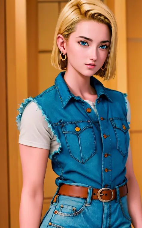 (masterpiece, best quality), realistic version of android18, earrings, denim, belt upper body, focus face, perfect face, emily r...