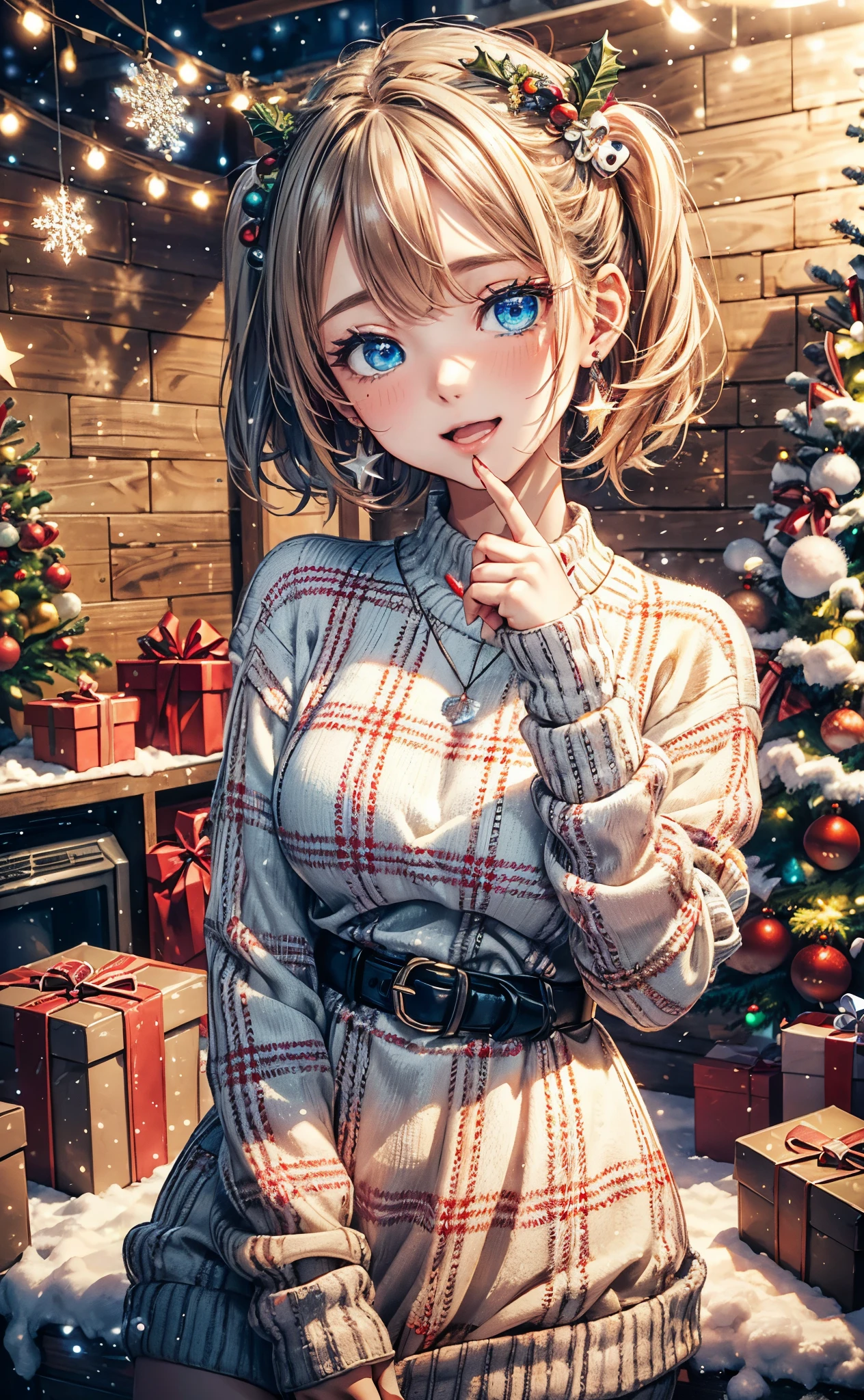 absurderes, ultra-detailliert,bright colour, Short hair,Blonde hair with fluffy short twintails:1.2) Shiny hair,(red and white plaid sweater dress:1.5),(Open mouth and laugh 1. 3),(Close one eye and feel shy:1.3),(Christmas tree:1.3),(Christmas Decorations:1.3),(colorful led lights on the wall:1.5),Delicate beautiful face, red blush、(Deep Blue Eyes:1.5), White skin, hair clips, earrings, a necklace,Heavy snow outside the window,You can also see the starry sky and the aurora borealis.......