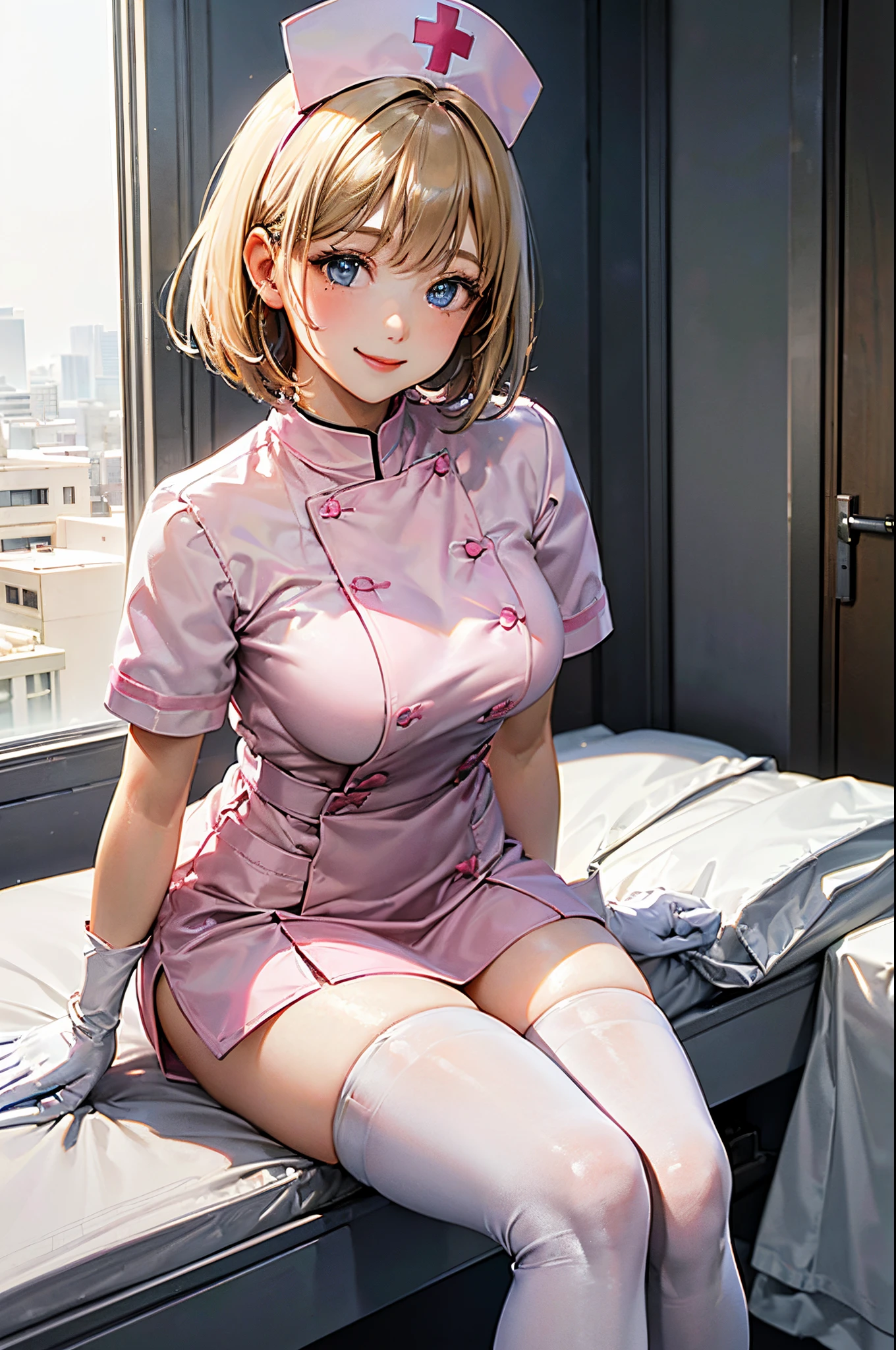 ((((, , perfect anatomy, super detailed skin)))), 1 girl, japanese, 19 years old, nurse, white skin, shiny skin, large breasts:0.5, watching the view, (smile:1.5), 
beautiful detailed eyes, (short hair:1.2, bob cut:1.2), blonde hair, blue eyes, pink lips, babyface, mole under eye, 
((nurse cap, short sleeves, light pink nurse wear, ((white legwear, zettai ryouiki)), white gloves)), 
(beautiful scenery), day time, , ((inside hospital bed-room, modern)), sitting, 
(8k, best quality, masterpiece​, ultra-detailed, ), (photorealistic), illustration, cinematic lighting,