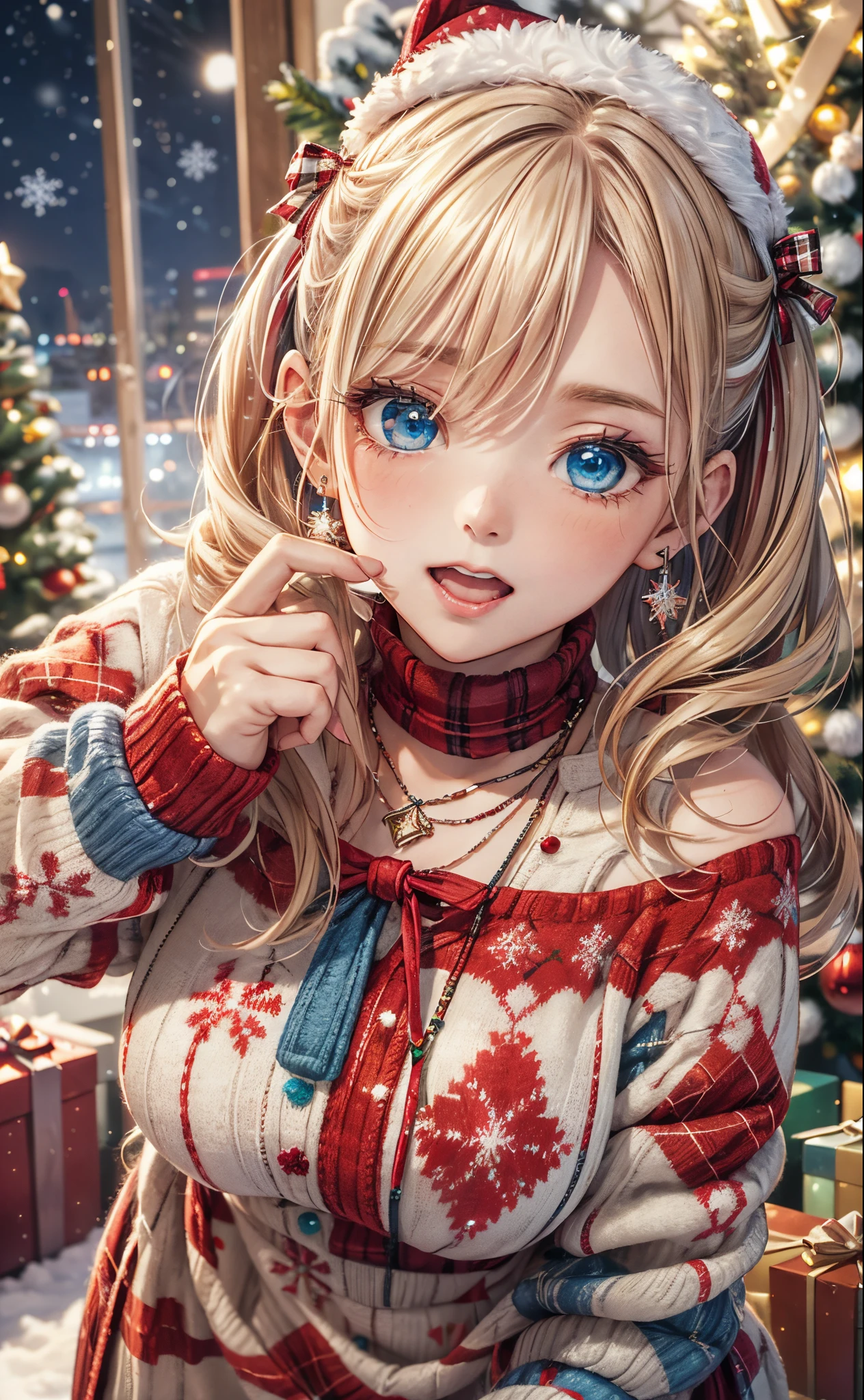 absurderes, ultra-detailliert,bright colour, Short hair,Blonde hair with fluffy short twintails:1.2) Shiny hair,(red and white plaid sweater dress:1.5),(Open mouth and laugh 1. 3),(Close one eye and feel shy:1.3),(Christmas tree:1.3),(Christmas Decorations:1.3),(colorful led lights on the wall:1.5),Delicate beautiful face, red blush、(Deep Blue Eyes:1.5), White skin, hair clips, earrings, a necklace,Heavy snow outside the window,You can also see the starry sky and the aurora borealis......