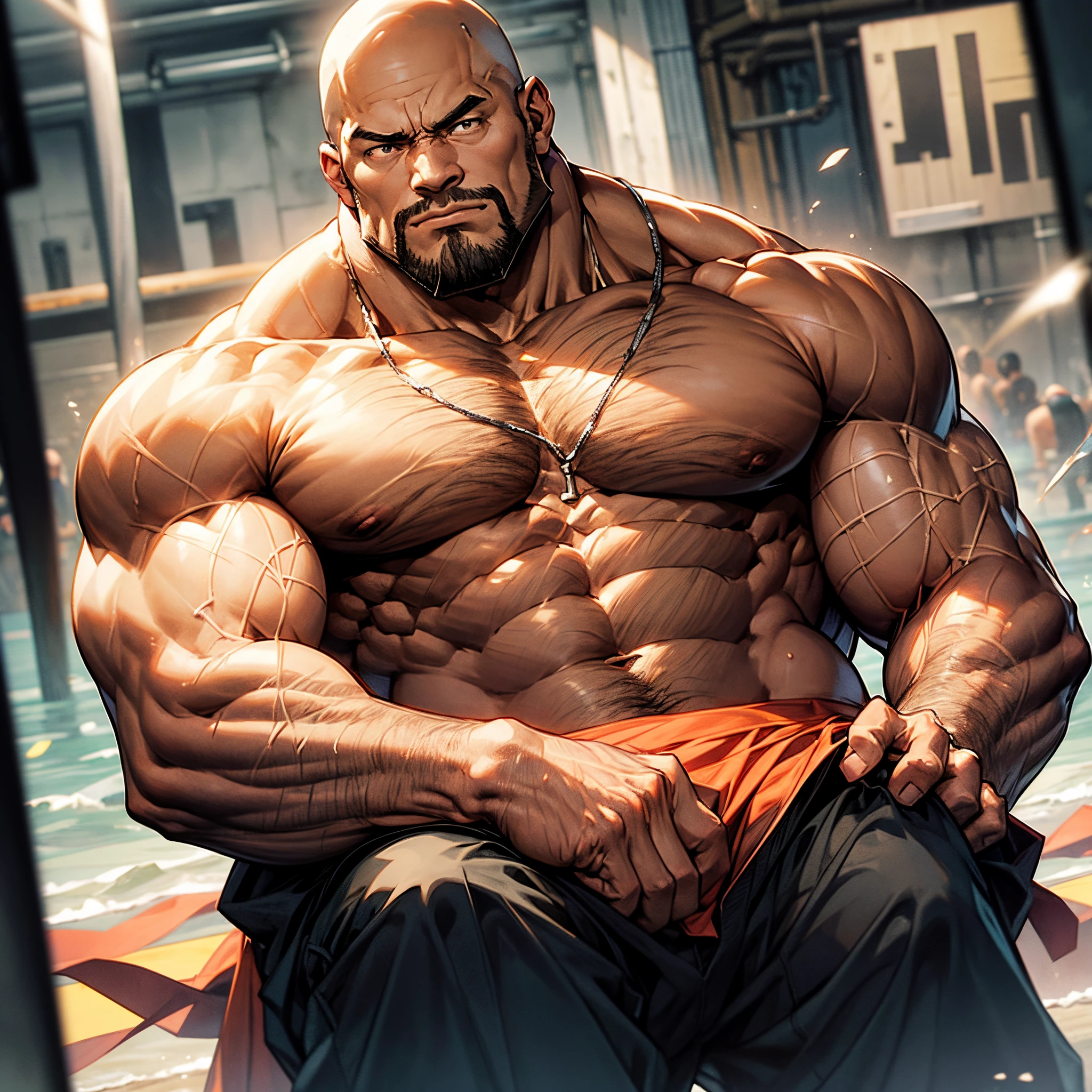 American man、Big body、Very large body、blacks、Bald head、Very large muscles、Upper body naked、compressed face、Muscle Pose、Squishy crotch