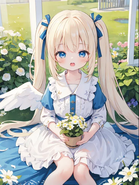 ((4K, ​master piece, Best Quality)), Cute little girl s,pale blond hair, Blue eyes,very long twintails,Laugh,double tooth,Closed eyes,Looking at Viewer,Lens Flare, angel, angel wing, flower garden