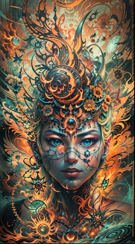 Explosive, otherworldly painting of a shape-shifting deity adorned with chaotic life and vitality soul motifs and omnipresent, p...