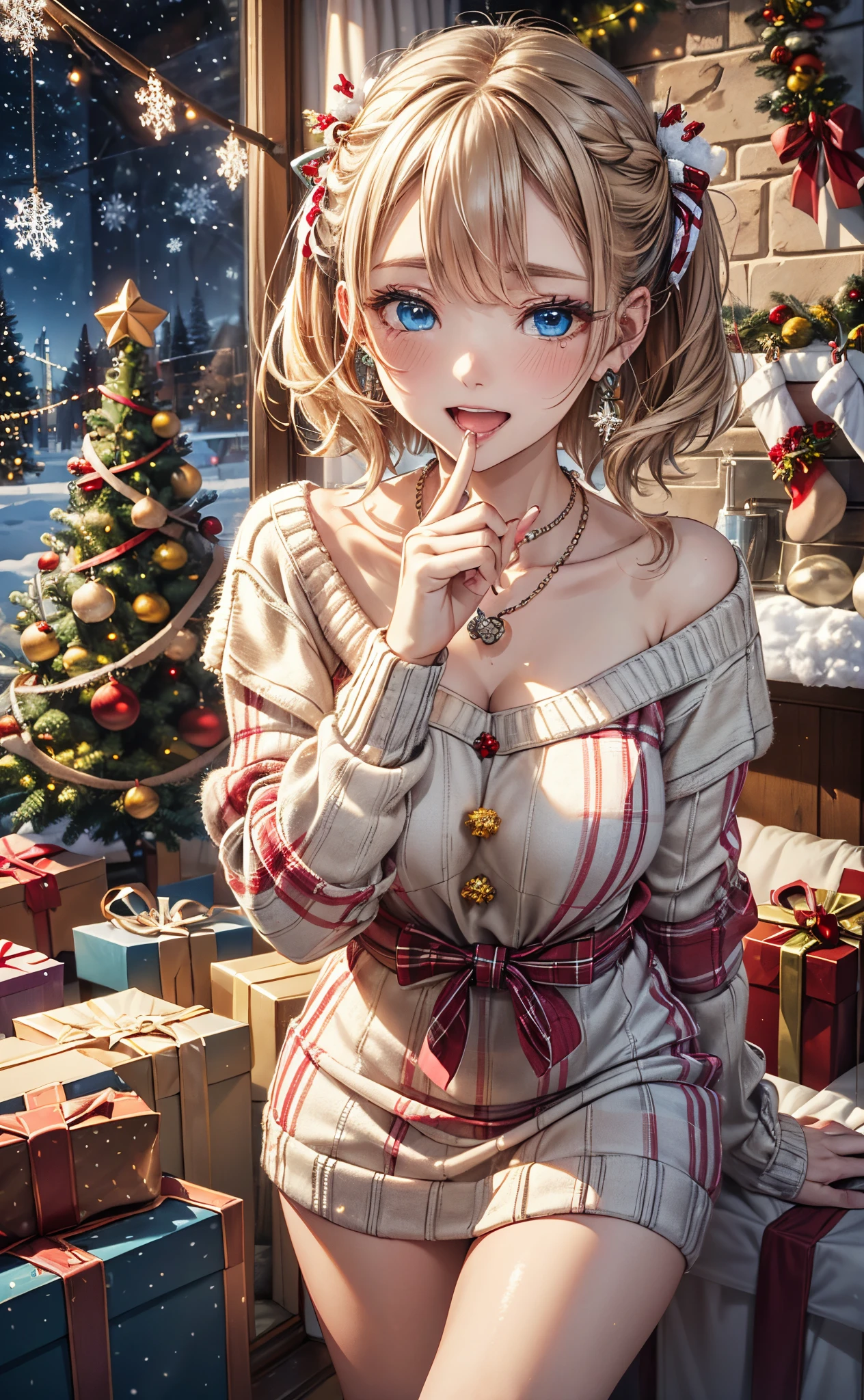 absurderes, ultra-detailliert,bright colour, Short hair,Blonde hair with fluffy short twintails:1.2) Shiny hair,(red and white plaid sweater dress:1.5),(Open mouth and laugh 1. 3),(Close one eye and feel shy:1.3),(Christmas tree:1.3),(Christmas Decorations:1.3),(colorful led lights on the wall:1.5),Delicate beautiful face, red blush、(Deep Blue Eyes:1.5), White skin, hair clips, earrings, a necklace,Heavy snow outside the window,You can also see the starry sky and the aurora borealis.......