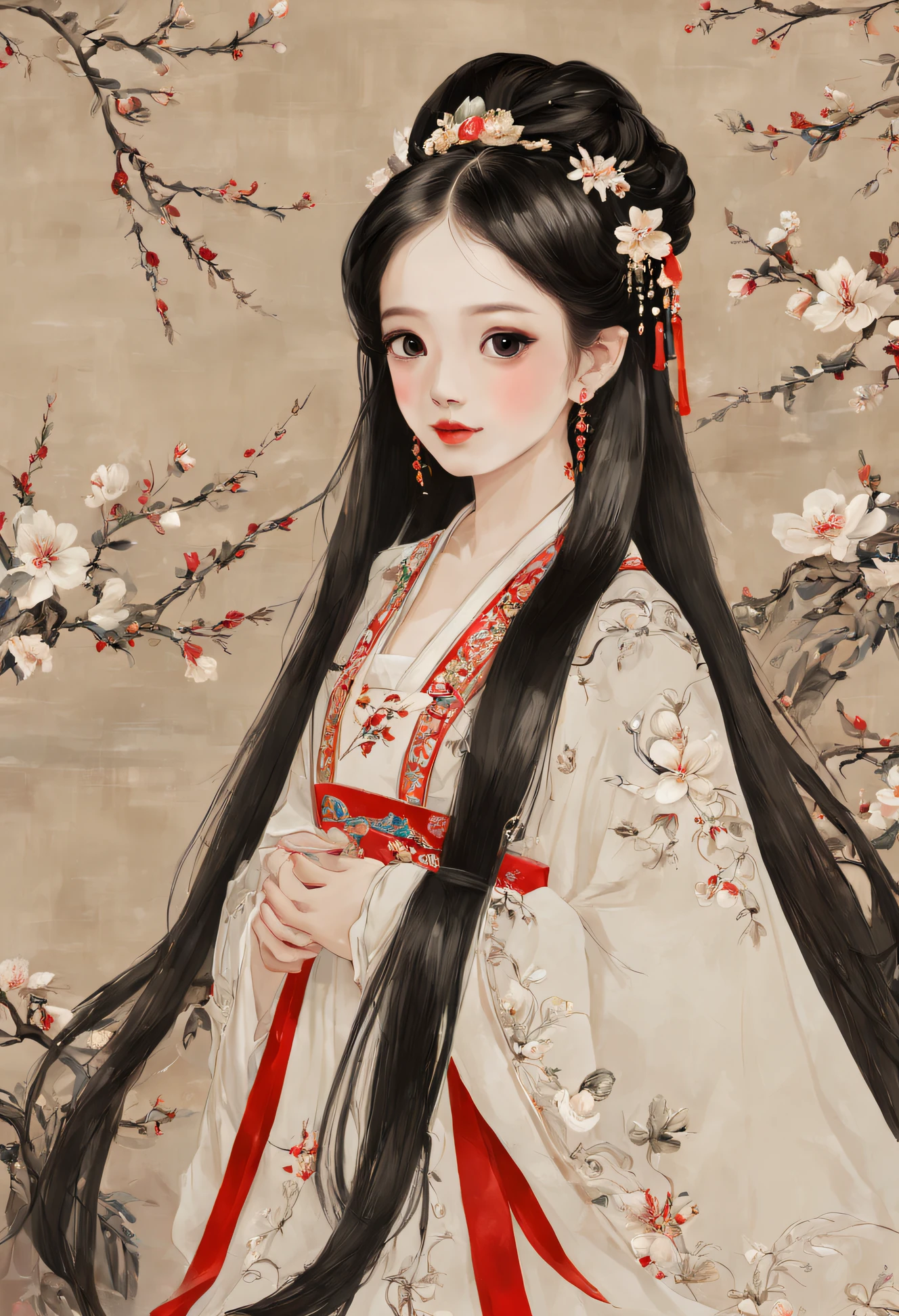 Ancient girl wearing white embroidery，Teenage girl with long black hair，white skinned，Super big eyes，Redlip，Chinese style works，ultra HD picture quality，pear blossom background，Beautiful stunning and mesmerizing，A slight smile  very charming，Chinese style，beautifuldetails，The level of artist  very high，girl with thick hair,With hairpins，Girl with plump right breast and eye