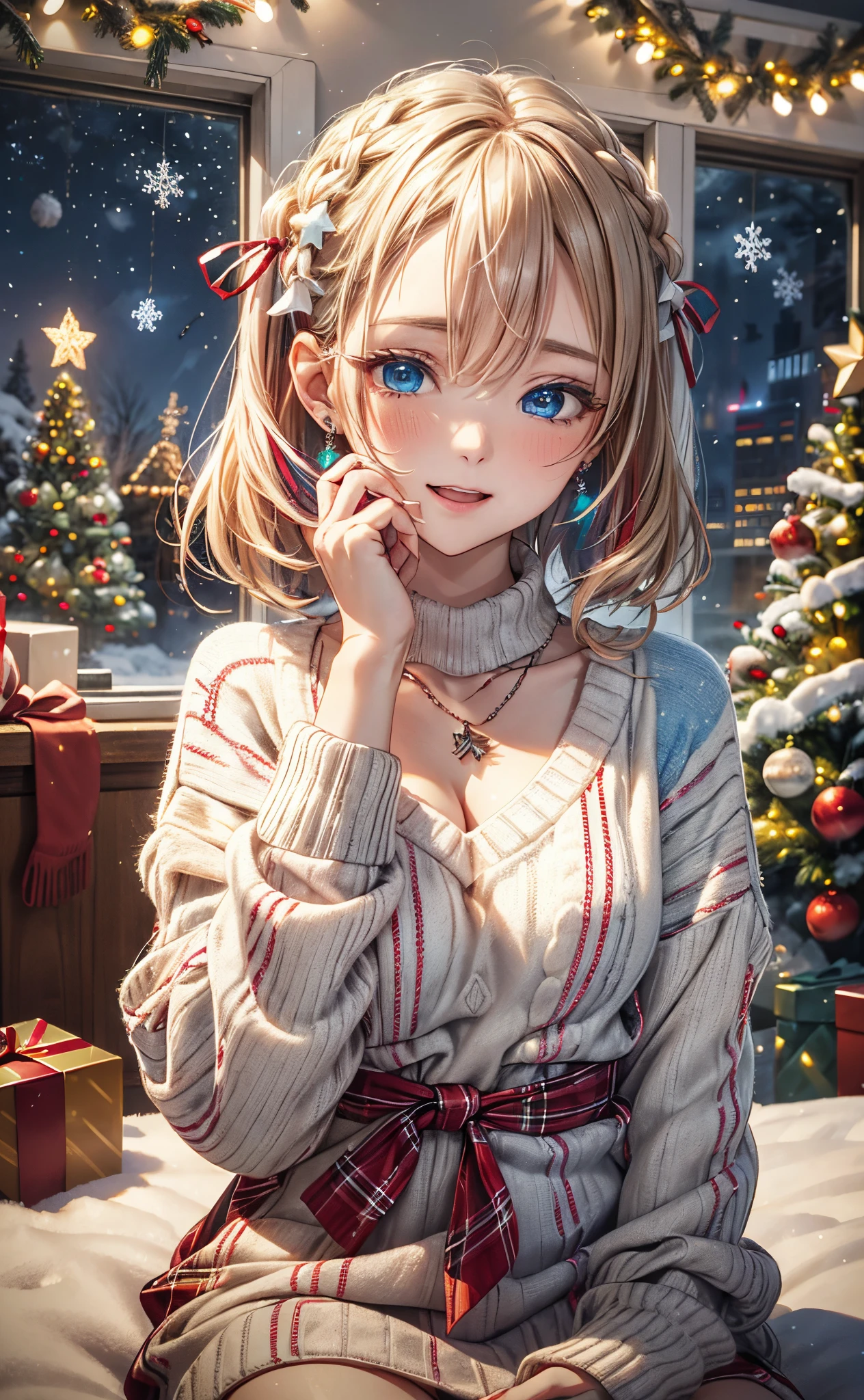 absurderes, ultra-detailliert,bright colour, Short hair,Blonde hair with fluffy short twintails:1.2) Shiny hair,(red and white plaid sweater dress:1.5),(Open mouth and laugh 1. 3),(Close one eye and feel shy:1.3),(Christmas tree:1.3),(Christmas Decorations:1.3),(colorful led lights on the wall:1.5),Delicate beautiful face, red blush、(Deep Blue Eyes:1.5), White skin, hair clips, earrings, a necklace,Heavy snow outside the window,You can also see the starry sky and the aurora borealis.......