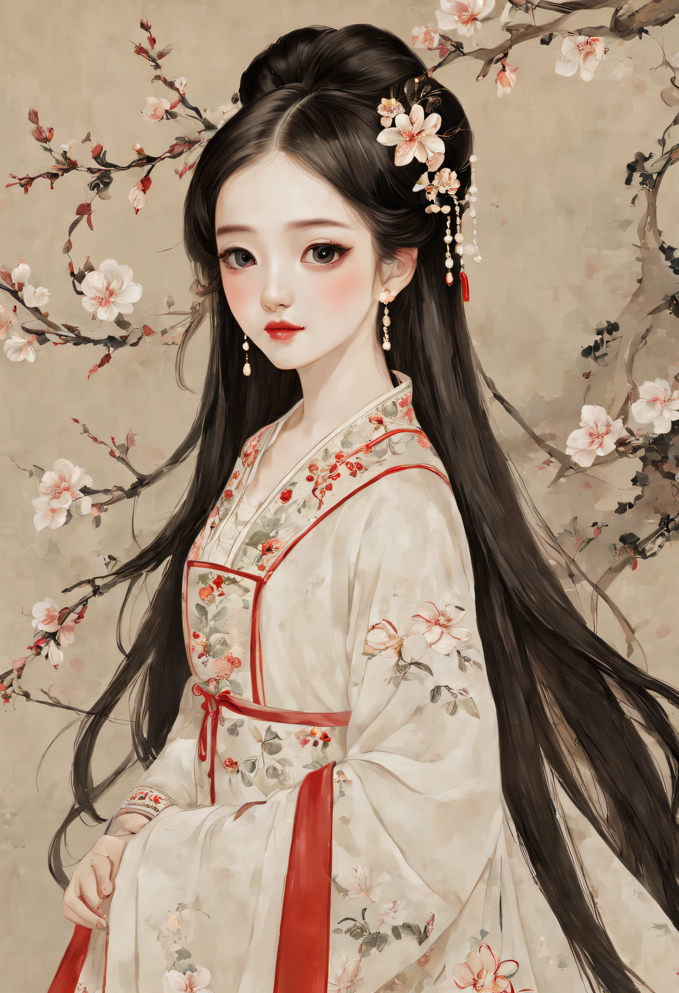 Ancient girl wearing white embroidery，Teenage girl with long black hair，white skinned，Super big eyes，Redlip，Chinese style works，ultra HD picture quality，pear blossom background，Beautiful stunning and mesmerizing，A slight smile  very charming，Chinese style，beautifuldetails，The level of artist  very high，girl with thick hair,With hairpins，Girl with plump right breast and eye，Don&#39;t blush，long eyelasher，