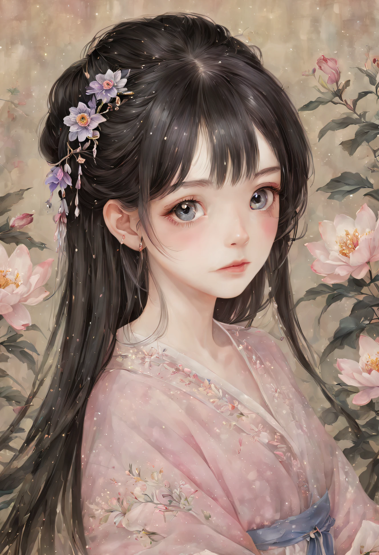 Best quality，The illustrations are super detailed，beautidful eyes，The light  very delicate，Fine luminescence，very fine 8KCG wallpapers，Lavender-colored eyes，pink student，An extremely delicate girl。 2 sets of extremely detailed CG sets，8k wallpaper，Best quality，at noon，Beautiful and delicate water，cabelos preto e longos，A girl with nice details，Sefuku，Looking directly at，eyeballs，hairflower，Close-up 3.long flowing black hair，Gentle eyes，Korean comics pure lust，Beutiful women，ambient lights，optic，the detail，high high quality，Number of works，epic，proportions are correct，quadratic element