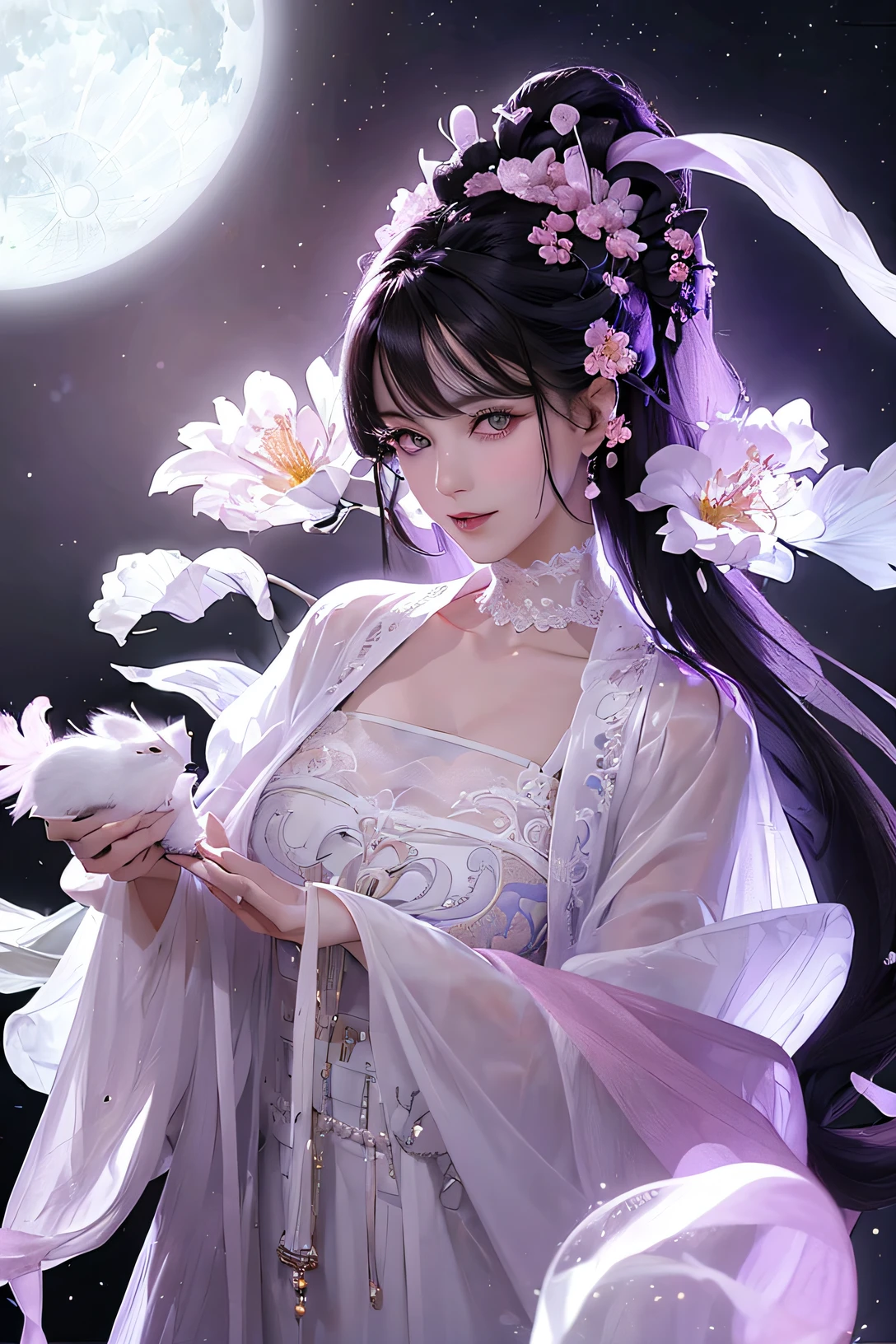 Best quality，The illustrations are super detailed，beautidful eyes，The light  very delicate，Fine luminescence，very fine 8KCG wallpapers，Lavender-colored eyes，pink student，An extremely delicate girl。 2 sets of extremely detailed CG sets，8k wallpaper，Best quality，at noon，Beautiful and delicate water，cabelos preto e longos，A girl with nice details，Sefuku，Looking directly at，eyeballs，hairflower，Close-up 3.long flowing black hair，Gentle eyes，Korean comics pure lust，Beutiful women，ambient lights，optic，the detail，high high quality，Number of works，epic，proportions are correct，Comes with plush fox ears