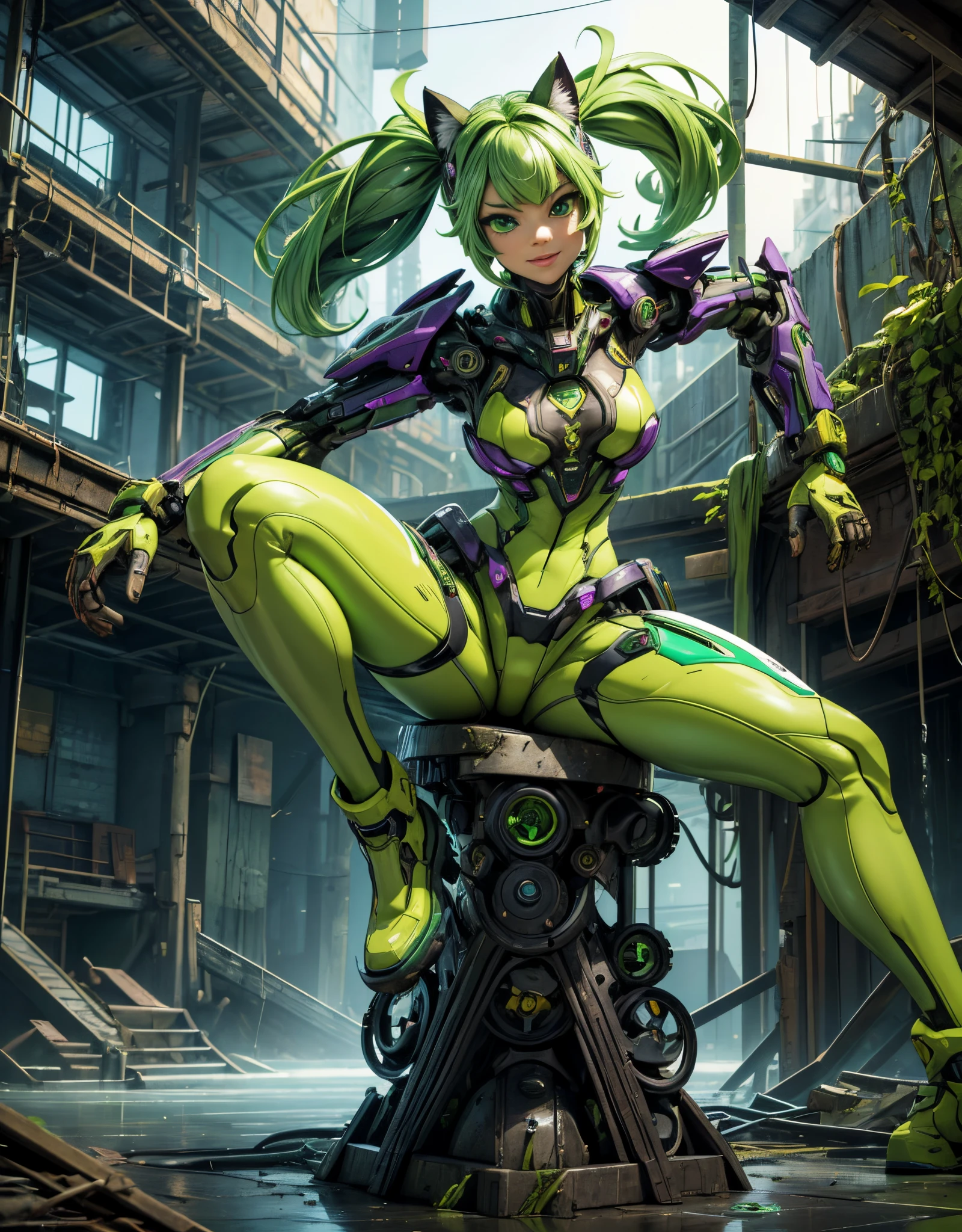 "Masterpiece in dystopian 4K resolution UHD high detail, with mecha_musume purple_glitter style, vibrant details in green and yellow, inspired by cyberpunk chaos. Vibrant green and yellow details capture the eye, while her towering cybernetic boots make a bold statement. Her pious eyes connect with the viewer, conveying a mix of courage and mystery. A graceful smile illuminates her face, framed by a headset with cat ears. Her short "light green" hair, with bangs and two pigtails, creates a fascinating contrast with the deteriorated setting of the underground oasis. Clear water, mud, pipes and crumbling concrete structures make up the environment , providing an intriguing and horrifying vision of cyber horror.|{The camera positioned very close to her, revealing her entire body as she adopts a _pose, interacting with and leaning on a structure in the scene in an exciting way.} | ((perfect_pose):1), She  adopting a ((_pose as interactions, boldly leaning on a structure, leaning back in a dynamic way):1.3), ((full body)), ((hands_with_5_fingers):1), ((perfect_hands):1), ((perfect_fingers):1), ((perfect_legs):1), better_hands, More Detail".