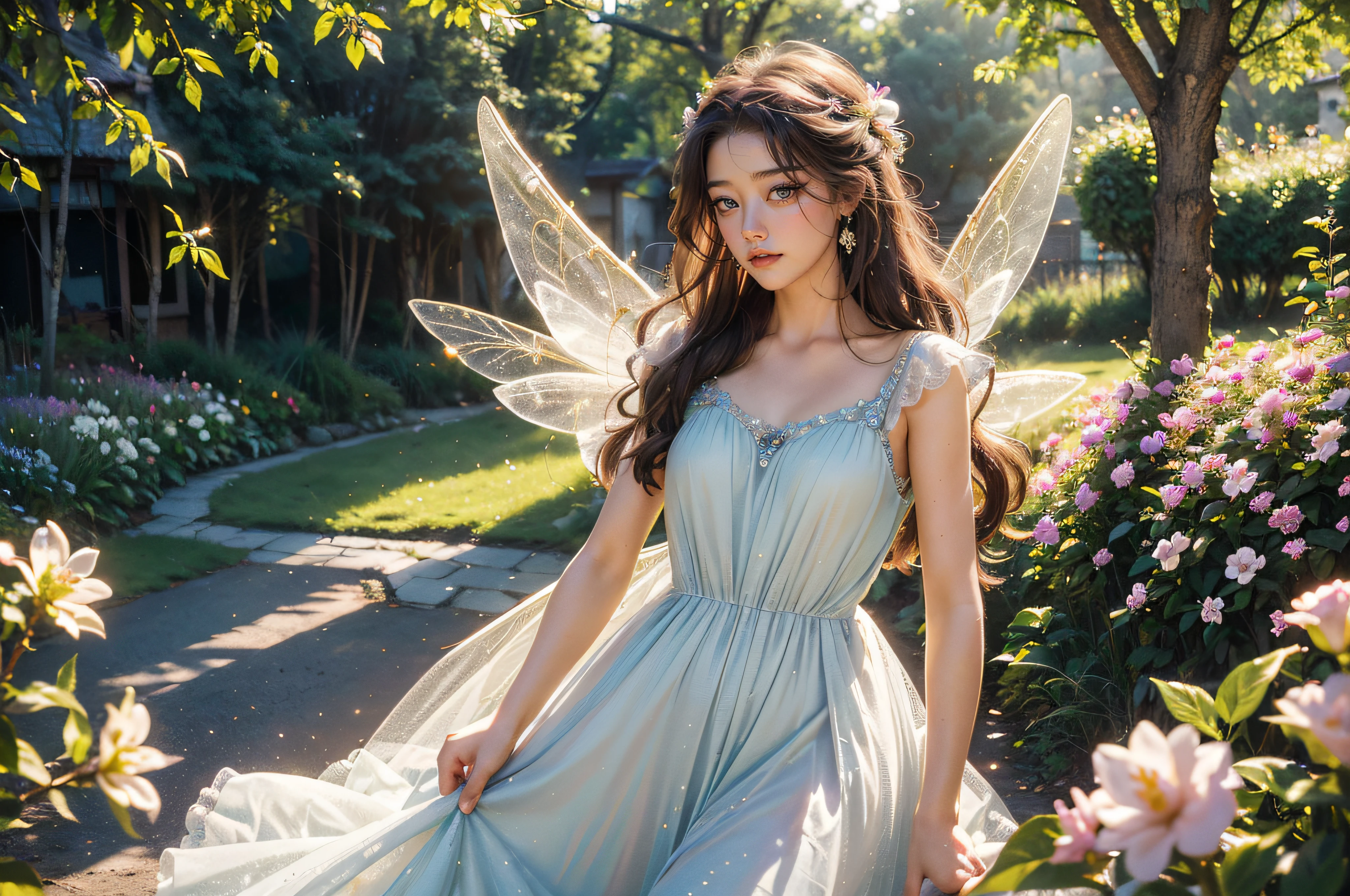 best quality, 8k, UHD, highres, masterpiece, ultra-detailed, realistic, photorealistic, photo-realistic, 1woman, long hair, fairy, in fairy village, flowers, long dress, wings, trees, small bushes