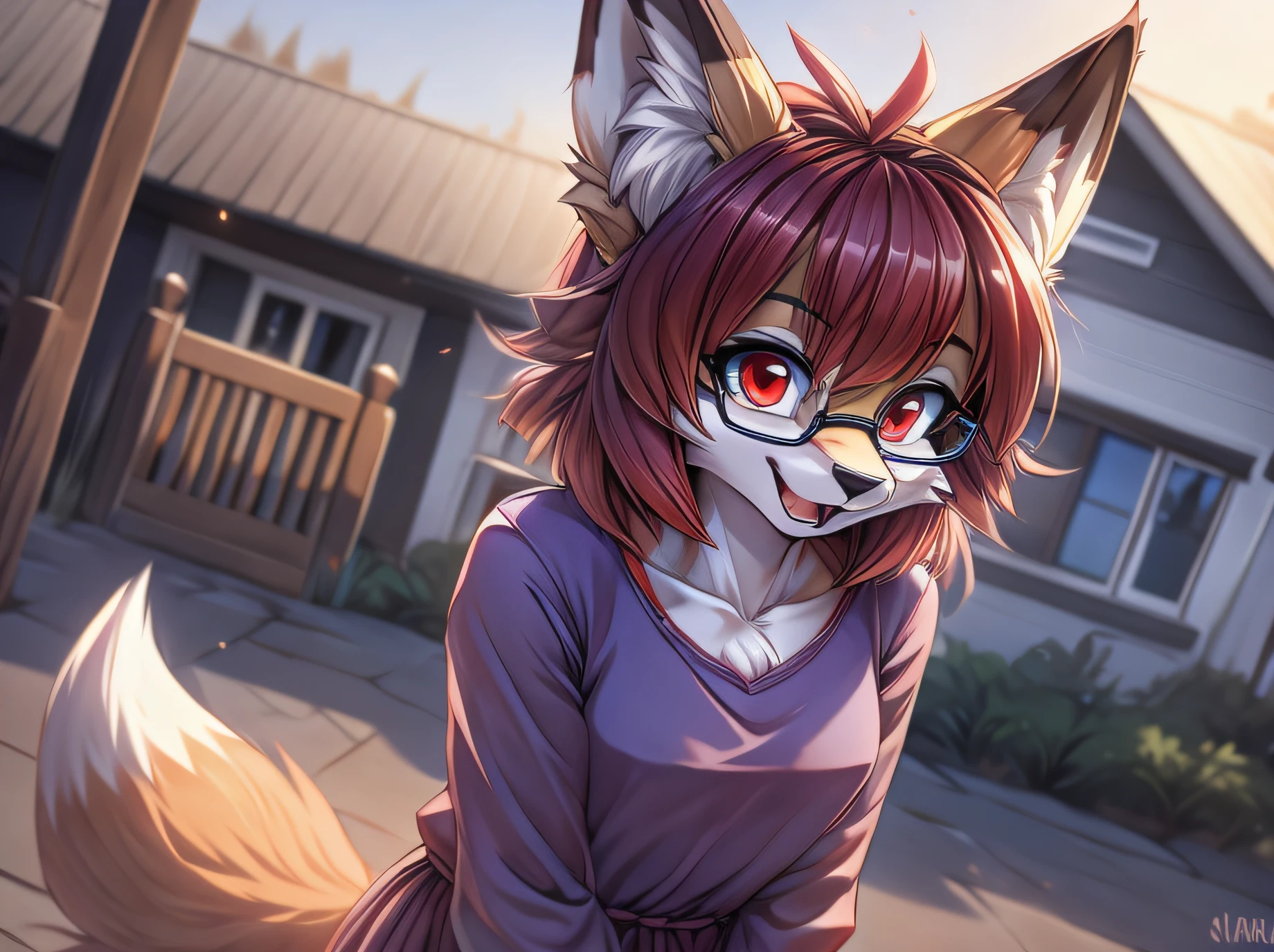 fox furry girl with short red hair, fluffy hair shy, beautiful red eyes, wearing glasses,  very  fluffy tail, , 17 years old, happy , closed mouth, young body, feeling Good, wearing a cute purple modest cute outfit, leaning over, hands on hips, in a in front of a house, being adorable, proud girl, wanting to be loved, zoomed in on her tail