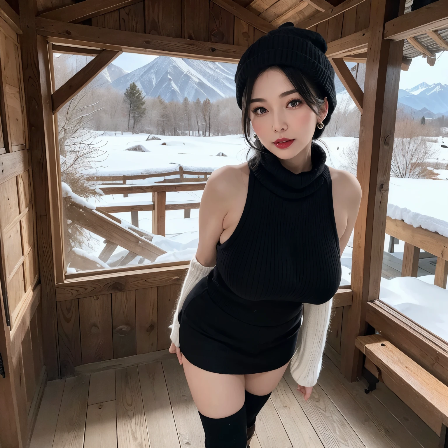 (masterpiece:1.1, Best Quality:1.1, 16K HDR, High resolution), (1girl in, 1 elderly person), (Super beautiful mature Japanese woman, Older, A MILF), (Black hair, Knitted Cap:1.3), (Snow globe, Winter scarves, turtle necked sweater, Sleeveless sweater, center opening sweater, Mini skirt, Sexy black pantyhose, Mountain boots, earrings), gigantic cleavage, Colossal , Huge , huge-breasted, walking beside a small hut, wooden hut without windows, snow mountains, (Perfect slim body:1.1), hyper detailed face, Detailed eyes, Realistic skin texture,