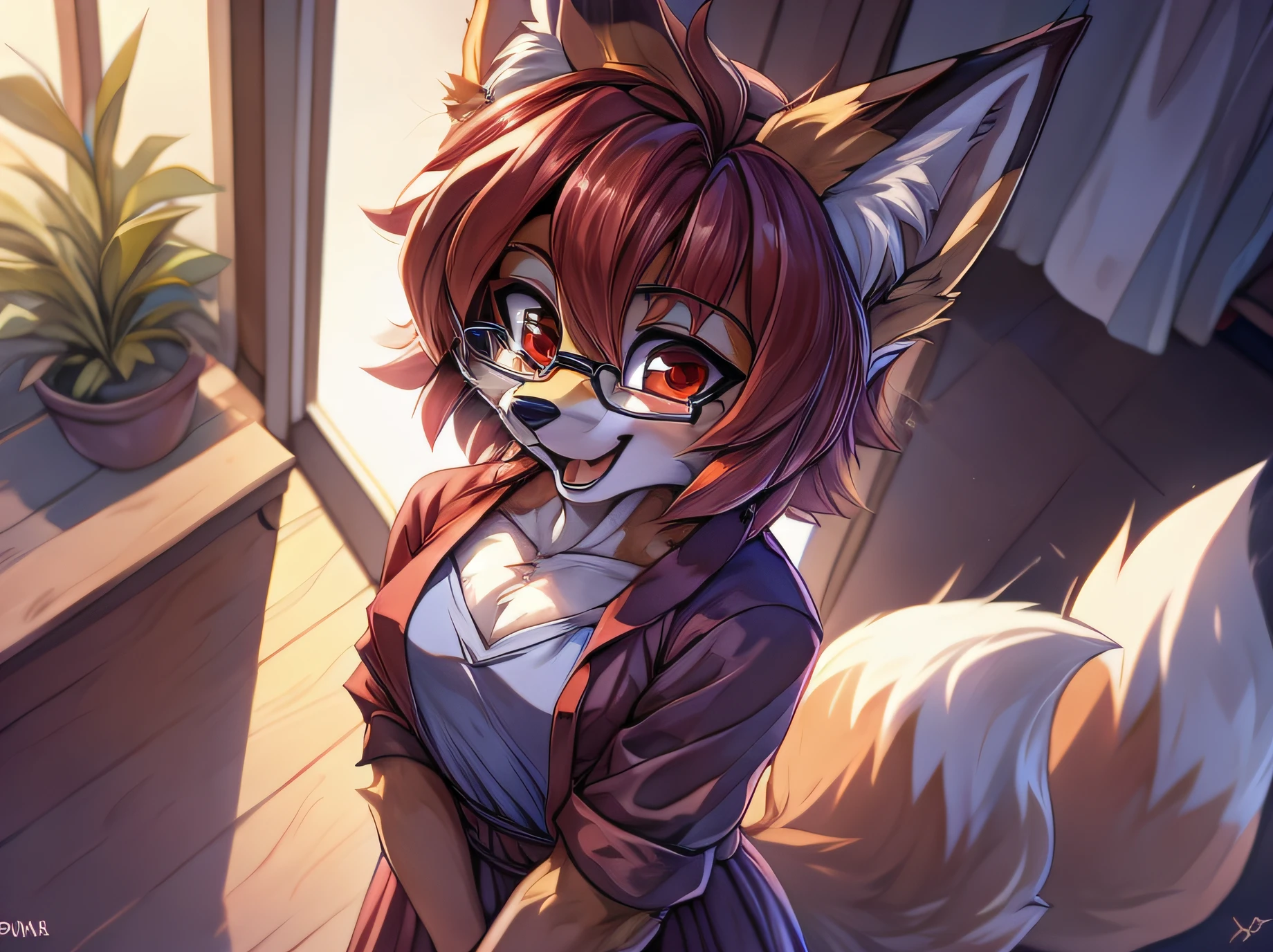 fox furry girl with short red hair, fluffy hair shy, beautiful red eyes, wearing glasses,  very  fluffy tail, small chest, 17 years old, happy , closed mouth, young body, feeling Good, wearing a cute purple modest cute outfit, leaning over, hands on hips, in a in front of a house, being adorable, proud girl, wanting to be loved, low perspective