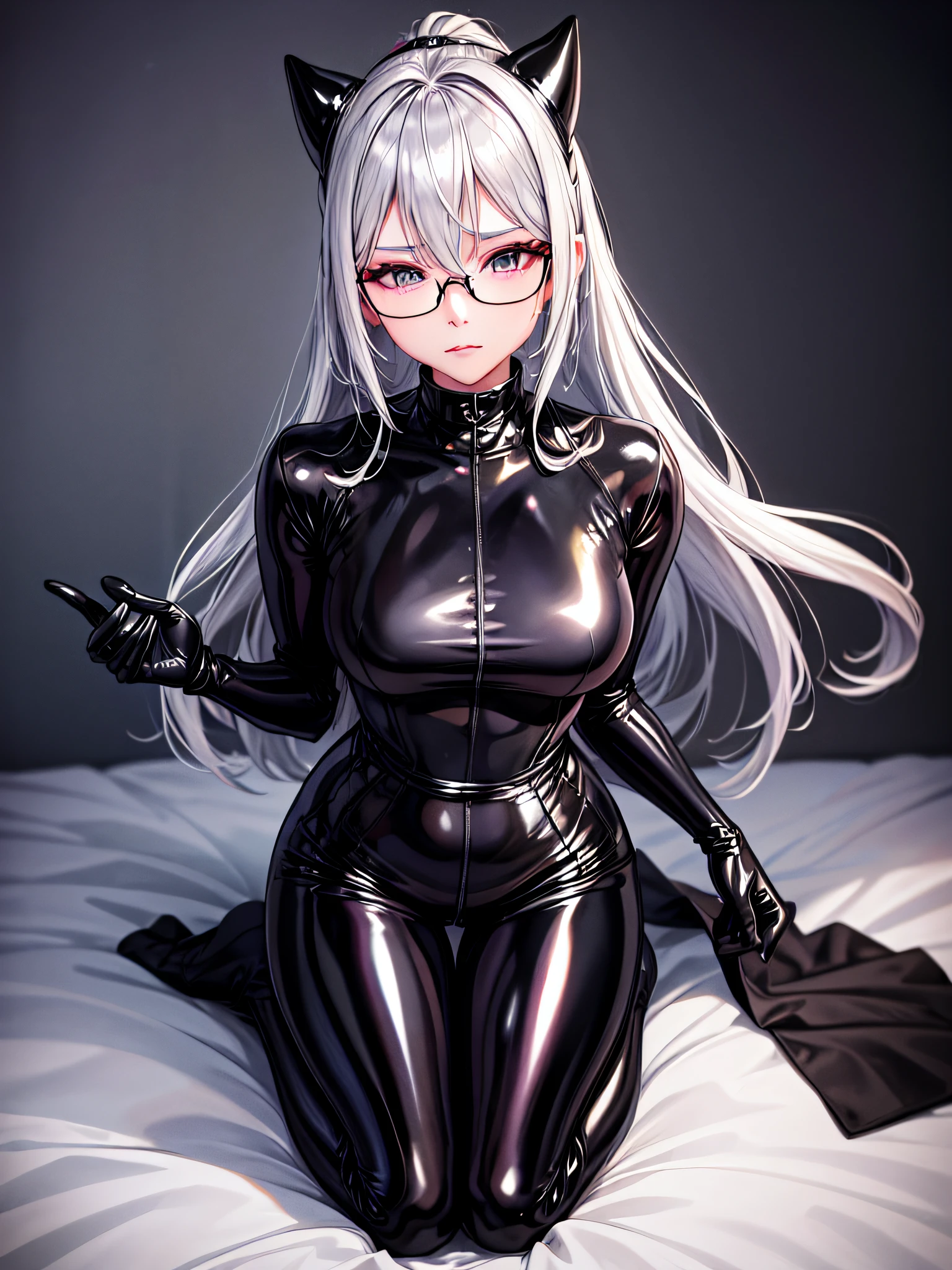 top-quality、8K  UHD、A beautiful silver-haired woman with a small nose wearing glasses and a latex sweatsuit is kneeling.、Shiny latex sweatsuit with hidden skin、Upper Body Up、solo、 there is a woman in a black dress posing for a picture, Wearing latex costumes, wearing black latex outfit, sexy dress, shiny black dress, black leather slim clothes