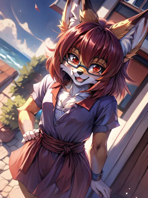 fox furry girl with short red hair, fluffy hair shy, beautiful red eyes, wearing glasses,  very  fluffy tail, small chest, 17 ye...