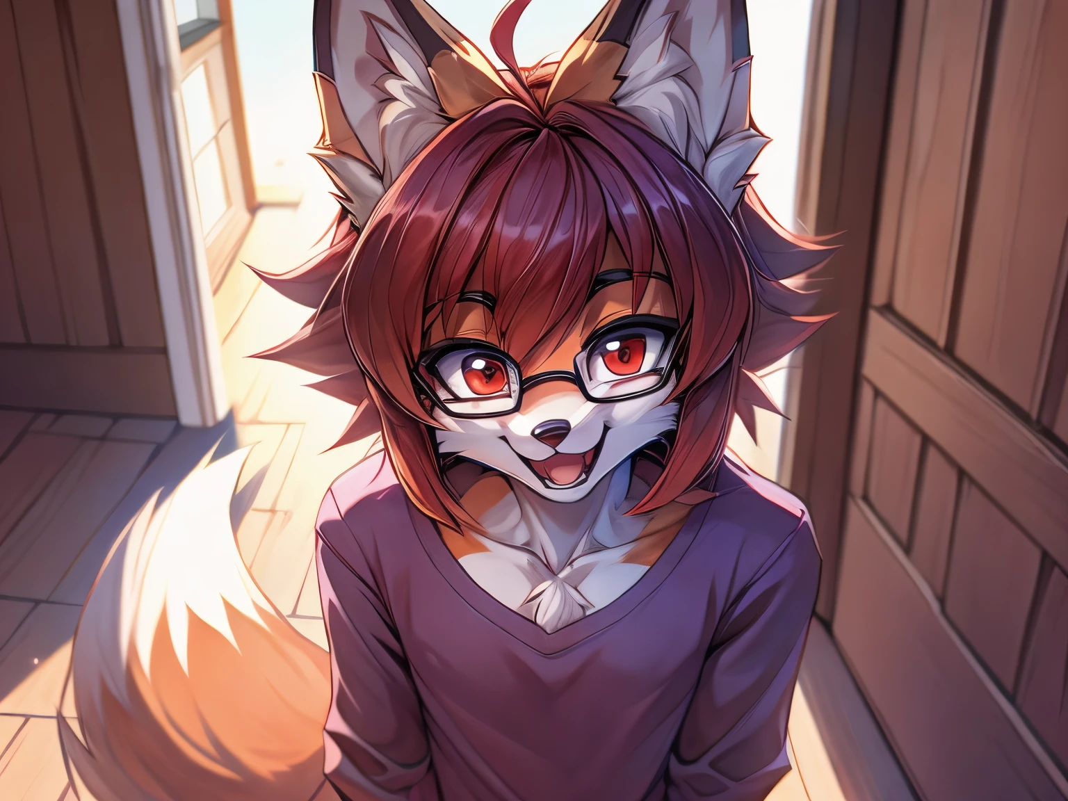 fox furry girl with short red hair, fluffy hair shy, beautiful red eyes, wearing glasses,  very  fluffy tail, , 17 years old, happy , closed mouth, young body, feeling Good, wearing a cute purple modest cute outfit, leaning over, hands on hips, in a in front of a house, being adorable, proud girl, wanting to be loved, low perspective