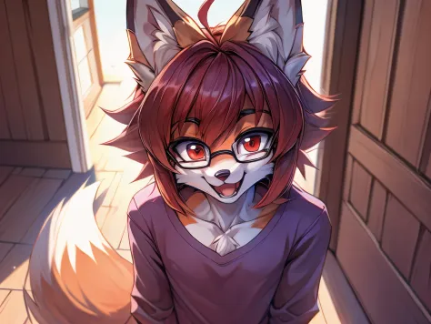 fox furry girl with short red hair, fluffy hair shy, beautiful red eyes, wearing glasses,  very  fluffy tail, small chest, 17 ye...