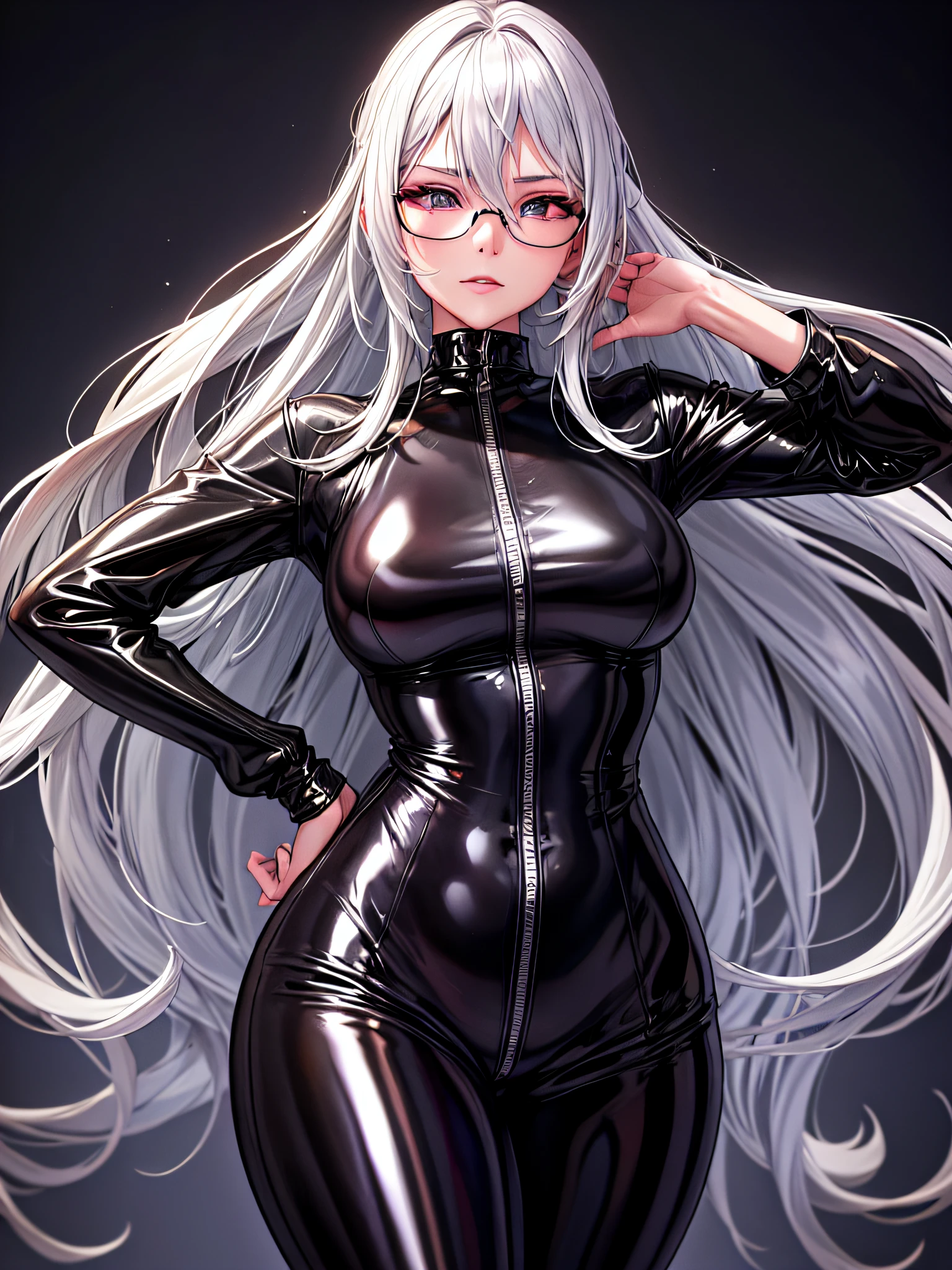 top-quality、8K UHD、A beautiful silver-haired woman with a small nose wearing glasses and a latex sweatsuit is posing for a gravure photoshoot.、Shiny latex sweatsuit with hidden skin、Upper Body Up、独奏、 there is a woman in a black dress posing for a picture, Wearing latex costumes, wearing black latex outfit, sexy dress, shiny black dress, black leather slim clothes