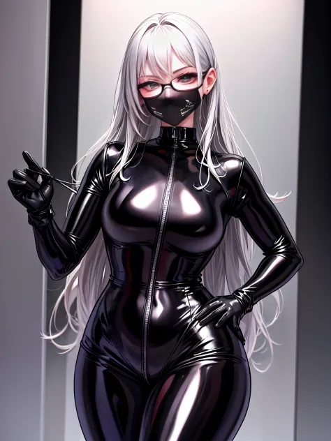 top-quality、8K UHD、A beautiful silver-haired woman with a small nose wearing glasses and a latex sweatsuit is posing for a gravu...