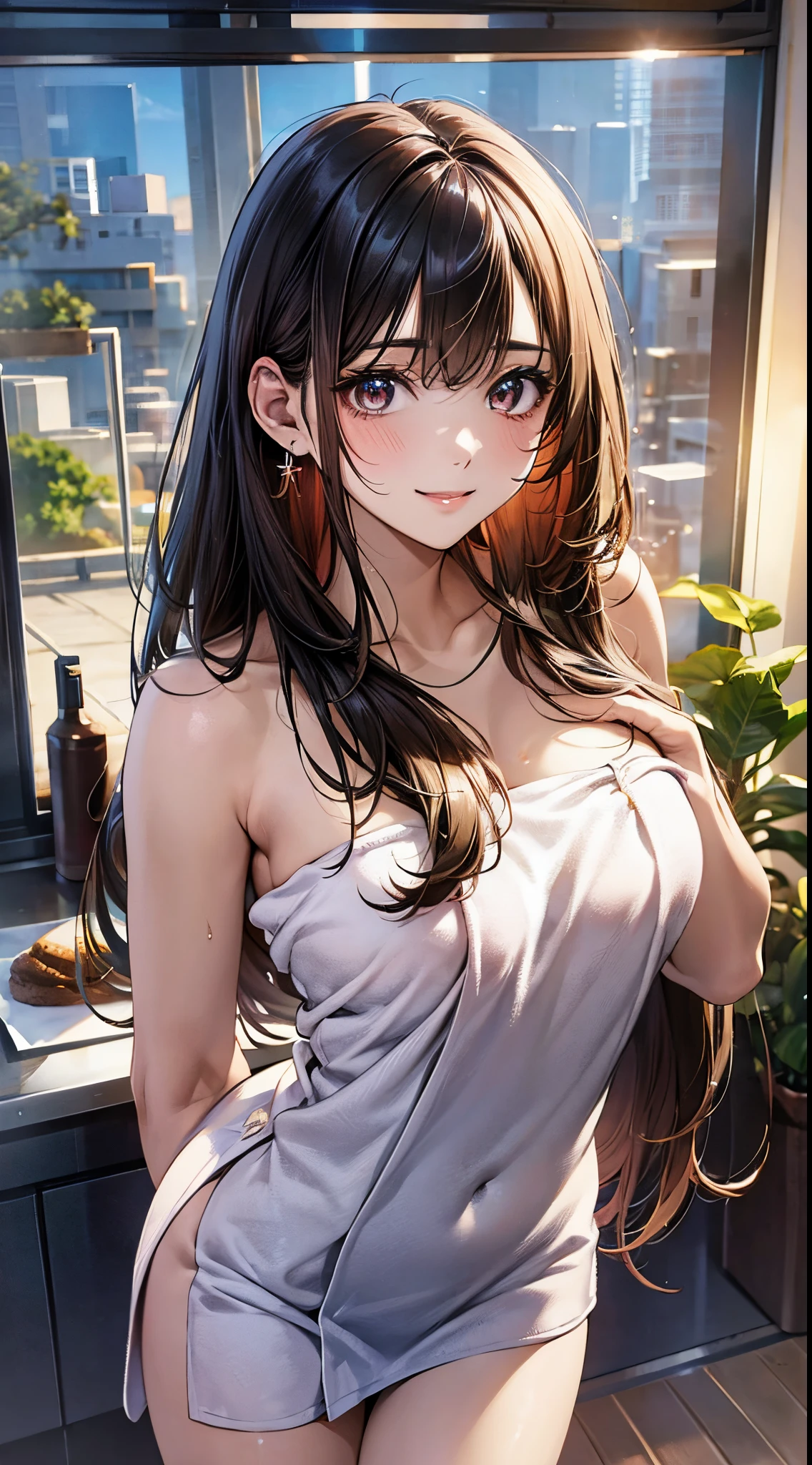 ((((, , perfect anatomy, anatomically correct, super detailed skin)))), 1 girl, japanese, 16 years old, (detailed ultra-oily shiny skin:1.1), watching the view, (smile:1.2), 
beautiful hair, beautiful face, beautiful detailed eyes, (long hair:1.4, straight hair:1.7), parted bangs:1.5, light brown hair, (large breasts:0.8), 
beautiful clavicle, beautiful body, beautiful chest, beautiful thigh, beautiful legs, beautiful detailed fingers, five fingers, babyface, , topless, bottomless, 
(((naked towel))), 
(beautiful scenery), inside kitchen, walking, standing, 
(8k, top-quality, masterpiece​:1.2, extremely detailed), (photorealistic), beautiful art, visual art, depth of fields, cinematic lighting, ,