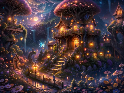(best quality,4k,8k,highres,masterpiece:1.2),ultra-detailed,(realistic,photorealistic,photo-realistic:1.37),a magical fairy village,colorful mushroom houses,enchanting lights,fluttering butterflies and fireflies,vibrant and vivid colors,fairy tale atmosphe...