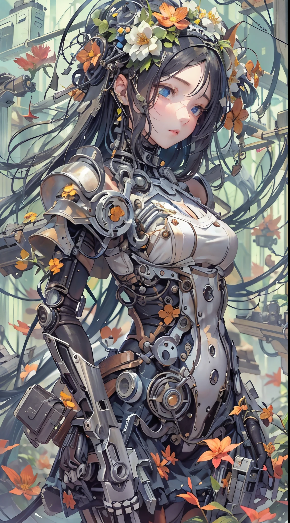 Mechanical anime girl dolls, prosthetic bodies, prosthetic limbs, cables, sleep covered by plants, peace, solemn death, degraded time and space, rainfall, carbonated surfaces, and flowers blooming to fill the gaps.