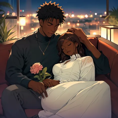 1 handsome black man watched one pretty black woman who’s asleep in his lap, ((( lying sprawled on a large, long couch))) relaxed, romantic, comfy clothing, night time, heads close together, eyes closed, cute, beautiful couple, cuddling, peaceful, view fro...