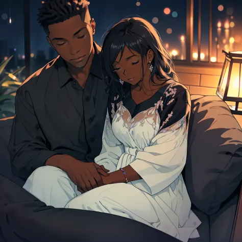 1 handsome black man watched one pretty black woman who’s asleep in his lap, (((sprawled on a large, black long couch))) relaxed, romantic, comfy clothing, night time, heads close together, eyes closed, cute, beautiful couple, cuddling, peaceful, view from...