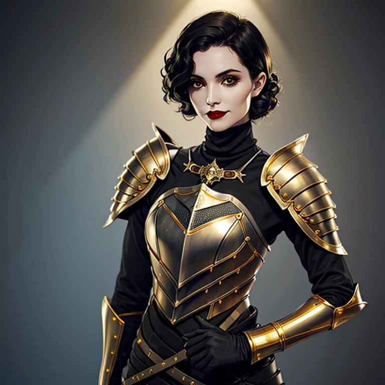 1girl, female, turtleneck, ((armor, knight, gold armor)), smirking, black curly hair, short hair, standing, chestpiece, black flower, gothic, makeup, red lipstick, pale skin