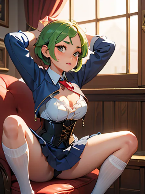 (masterpiece, best quality), 1girl, Apple green Short Wavy Hair with, very big Size DD breasts, Pearl gray Corset top and Ruffled mini skirt with a polka-dot pattern, kneehighs, Sitting with legs stretched out and arms crossed over the chest