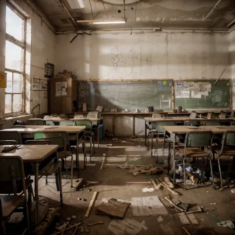 photographs of a ((school board inside classroom with post-apocalyptic scribbles made by survivors using white chalk)). The graffiti, text, and symbols should reflect the post-apocalyptic theme,