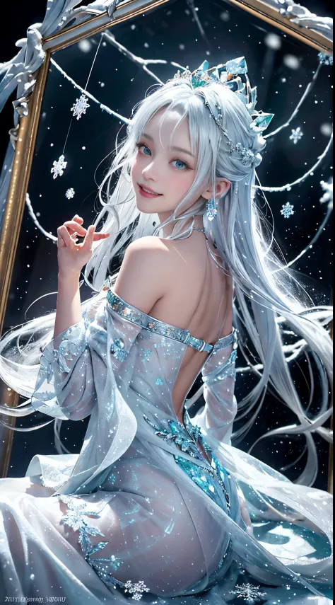 masterpiece, Best Quality, Ultra-detailed, 4K, Photorealistic:1.37, White snow, Princess, A landscape where snow is falling abundantly in the snowy, wilderness, with emerald-colored snowflakes twinkling in the air, pure princess, fairy tale stage, Magical ...