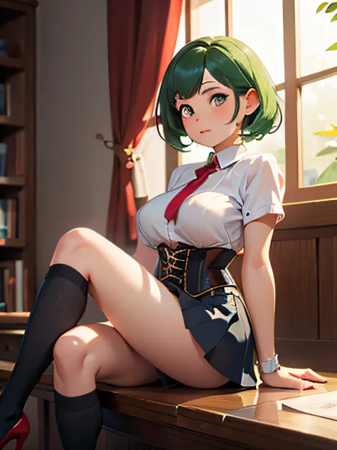 (masterpiece, best quality), 1girl, Apple green Short Wavy Hair with, very big Size DD breasts, Pearl gray Corset top and Ruffled mini skirt with a polka-dot pattern, kneehighs, Sitting with legs stretched out and arms crossed over the chest