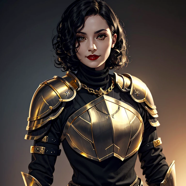 1girl, female, turtleneck, ((armor, knight, gold armor)), smirking, black curly hair, short hair, standing, chestpiece, black flower, gothic, makeup, red lipstick, pale grey skin, chainmail