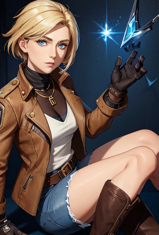 Masterpiece , 1FEMALE , solo , medium length blonde hair , blue eyes , wearing a brown leather jacket , white shirt underneath , dark blue jeans , black boots , black fingerless gloves , silver necklace with a golden crystal attached to it , looking at the viewer , similar background , borderlands