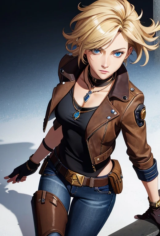 Masterpiece , 1FEMALE , solo , medium length blonde hair , blue eyes , wearing a brown leather jacket , white shirt underneath , dark blue jeans , black boots , black fingerless gloves , silver necklace with a golden crystal attached to it , looking at the viewer , similar background , borderlands