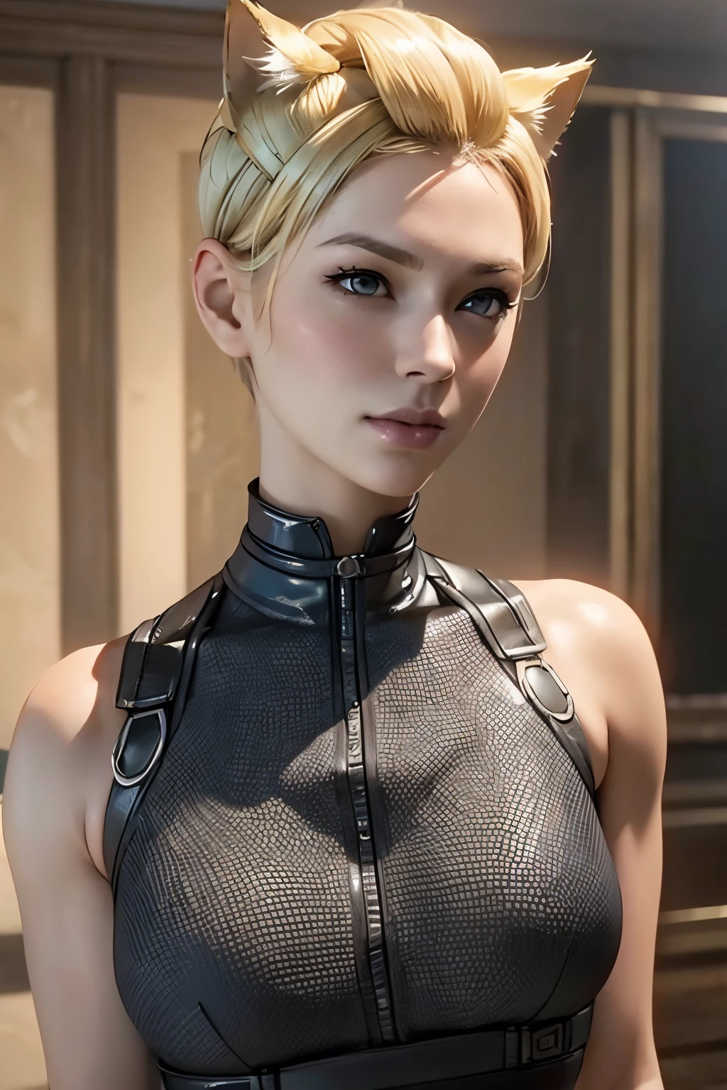 (best quality,4k,8k,highres,masterpiece:1.2),ultra-detailed,(realistic,photorealistic,photo-realistic:1.37),[Cassie Cage],[wallpaper],top body,[golden short hair], [cat ears]
 
This is a high-quality picture，The resolution is 4K or 8K，has a very real effect。The subject in the picture is Cassie Cage，She is a beautiful girl with short blond hair and cat ears。She wears an exquisite outfit，enjoying her own time。The main part of the picture is her upper body，Highlighting her delicate facial features、Smooth short blond hair and charming cat ears。The overall picture is presented in a realistic style，Lifelike details make the picture very realistic。This image is also suitable for use as wallpaper。