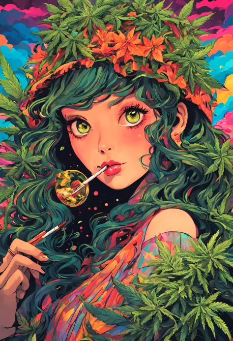 cannabis garden girl,Beautiful detailed eyes,Beautiful detailed lips,extremely detailed eye and face,long eyelashes,Illustration...