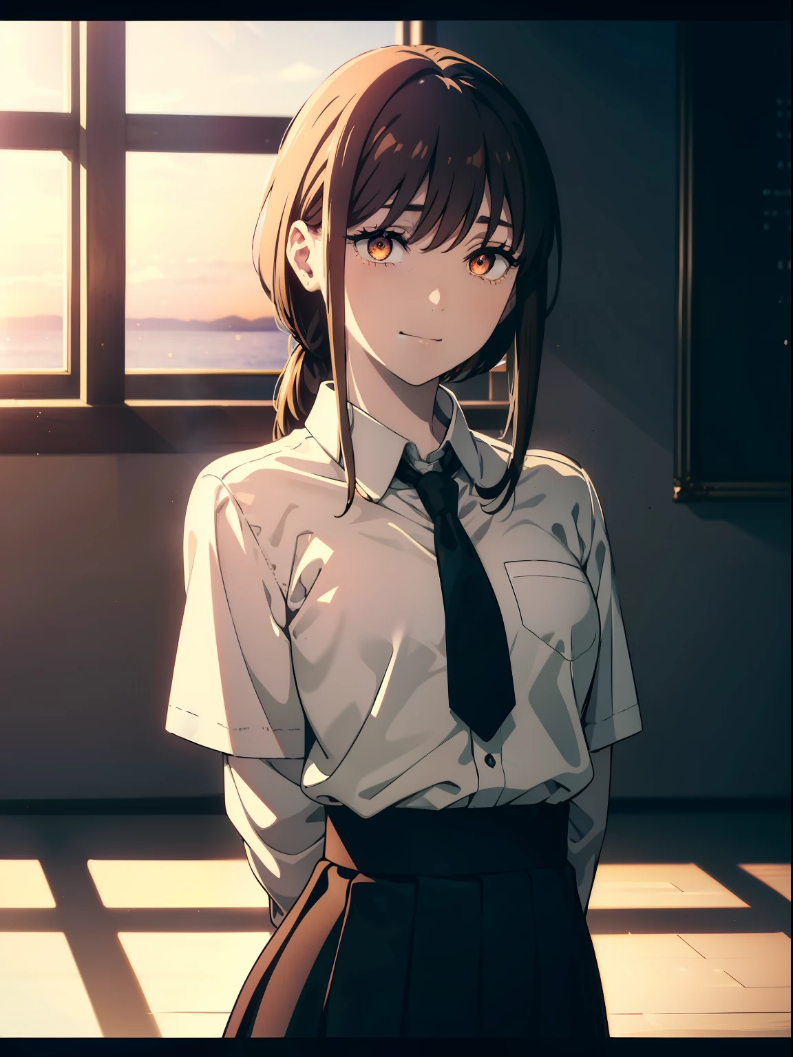 (Obra maestra, La mejor calidad, ultrahigh resolution), 1girl, school uniform, white office shirt, black pleated skirt, light brown hair, long hair cut, pale skin, (orange eyes), glowing_eyes, neon eyes, (ultra detailed eyes, beautiful and detailed face, detailed eyes), ((centered)), smile, ((wide shot)), facing viewer, eye level, (blurry background, sunset background), flat chested, looking at viewer, half closed eyes, (perfect hands), (head, arms, hips, elbows, in view), ((tall)), ((hands behind back)), empty eyes