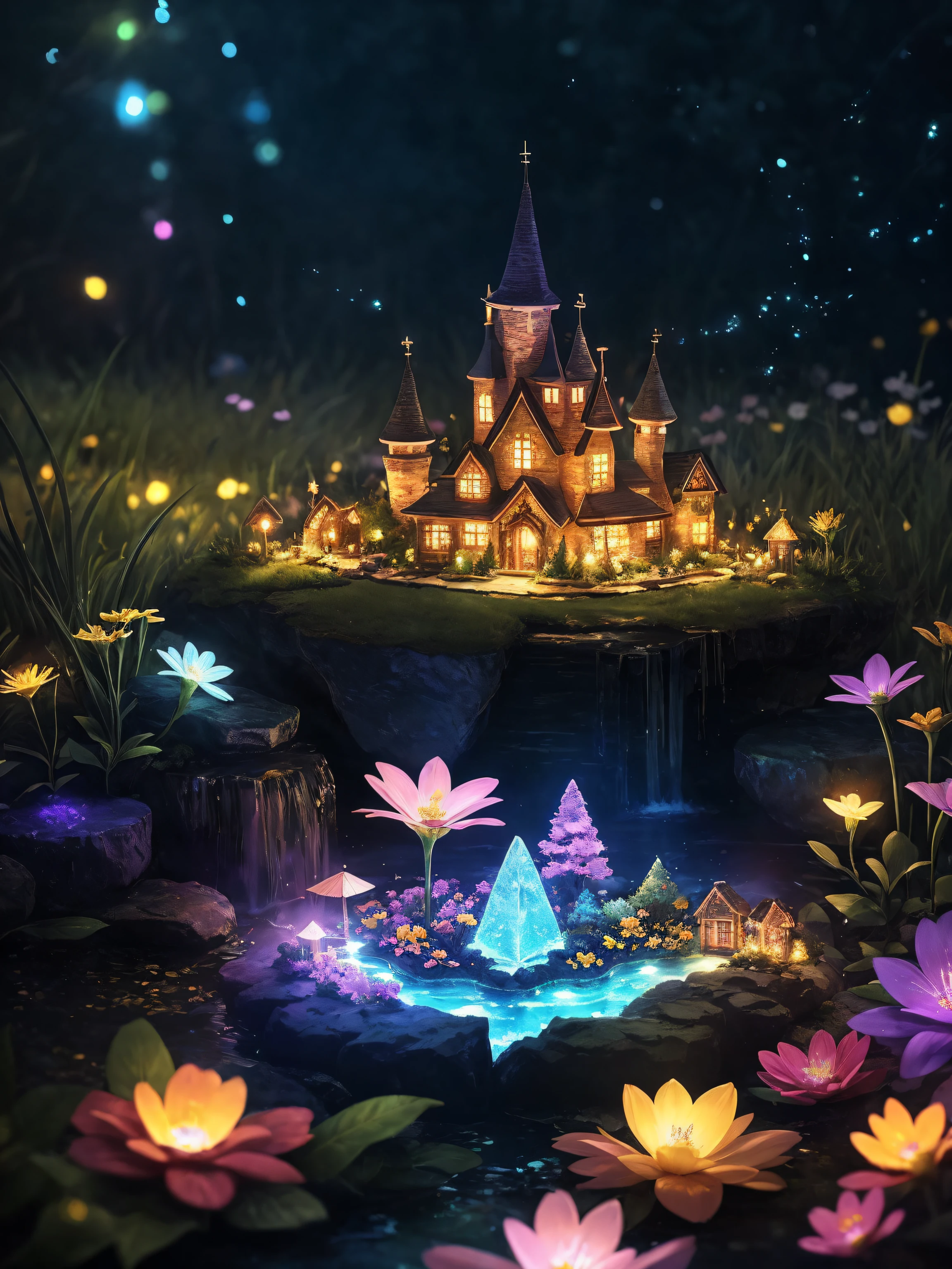 ((Superior quality,UHD,Masterpeice)), little flowers, fairy core aesthetic little fairy village, ink drip, glimmer, bokeh, prism lighting, light particles, magical glow, denoised