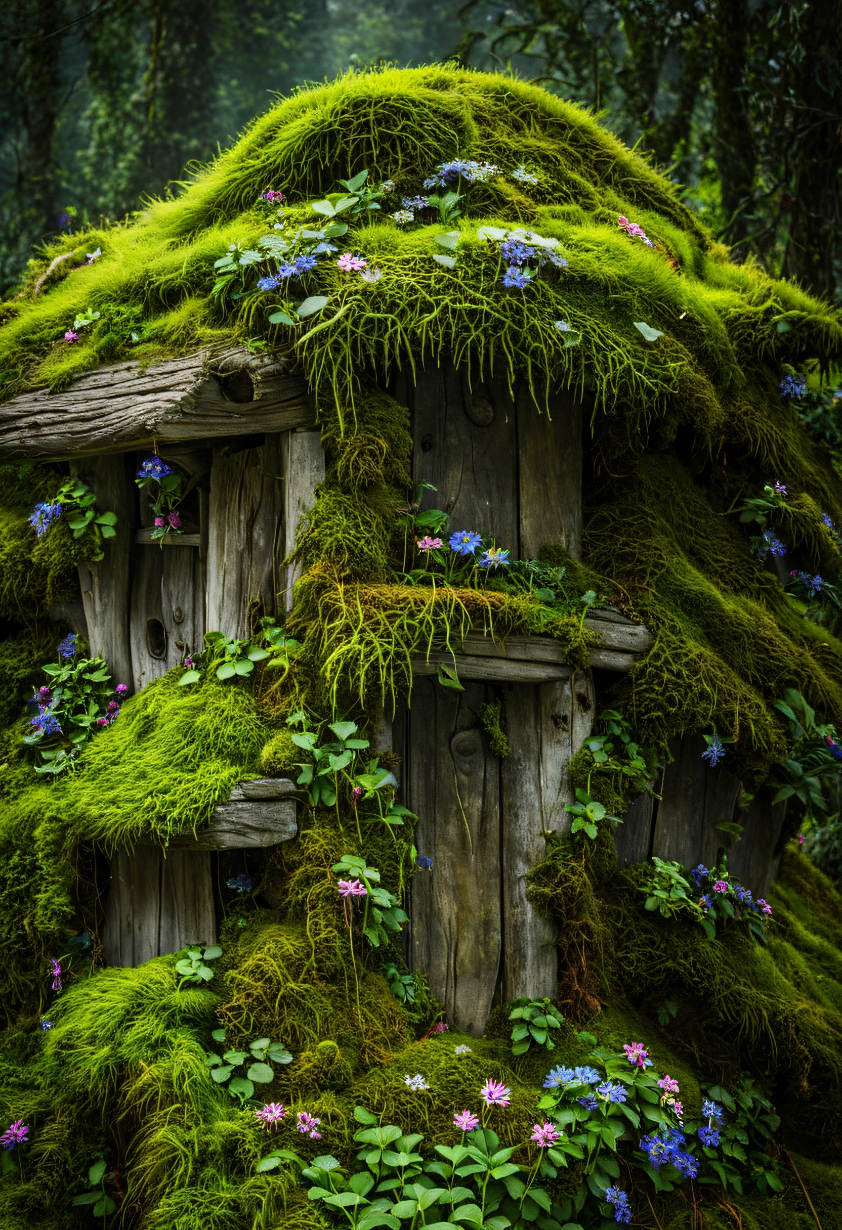 Moss covered wooden house in the woods with flowers and plants - SeaArt AI