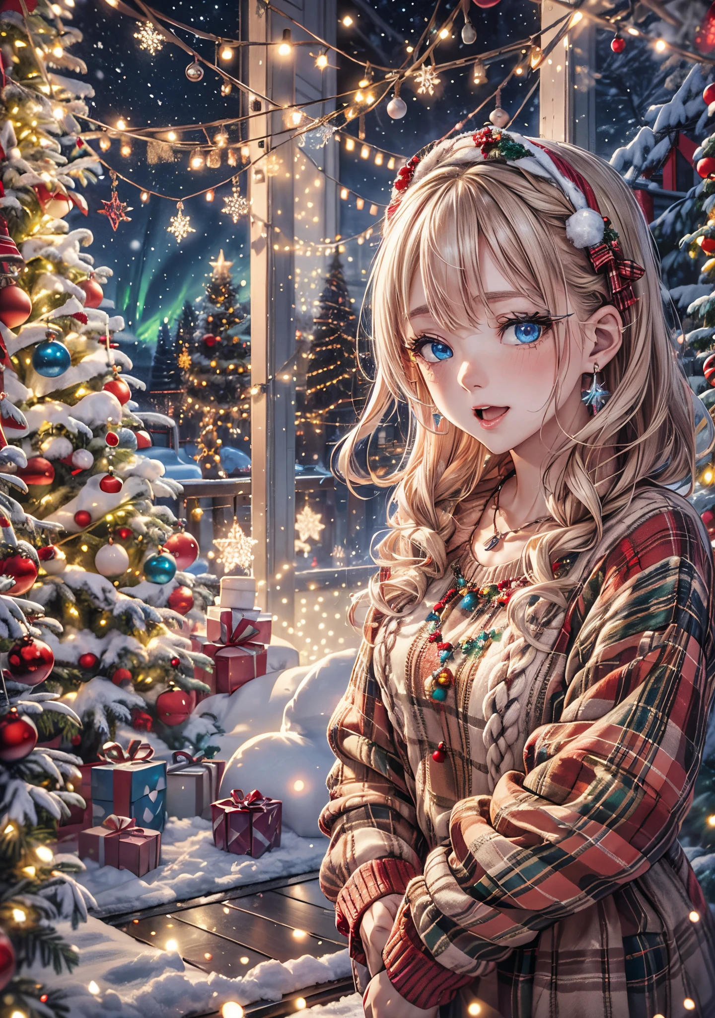 absurderes, ultra-detailliert,bright colour, Short hair,Blonde hair with fluffy short twintails:1.2) Shiny hair,(red and white plaid sweater dress:1.5),(Open mouth and laugh 1. 3),(Close one eye and feel shy:1.3),(Christmas tree:1.3),(Christmas Decorations:1.3),(colorful led lights on the wall:1.5),Delicate beautiful face, red blush、(Deep Blue Eyes:1.5), White skin, hair clips, earrings, a necklace,Heavy snow outside the window,You can also see the starry sky and the aurora borealis........