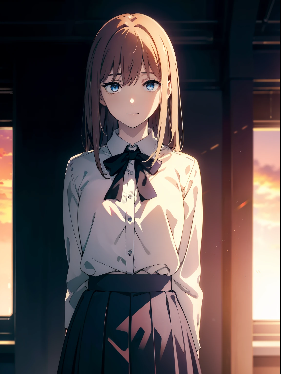 (Obra maestra, La mejor calidad, ultrahigh resolution), 1girl, school uniform, white office shirt, black pleated skirt, light brown hair, long hair cut, pale skin, ((blue eyes)), glowing_eyes, neon eyes, (ultra detailed eyes, beautiful and detailed face, detailed eyes), ((centered)), smile, ((wide shot)), facing viewer, eye level, (blurry background, sunset background), flat chested, looking at viewer, half closed eyes, (perfect hands), (head, arms, hips, elbows, in view), ((tall)), ((hands behind back)), empty eyes