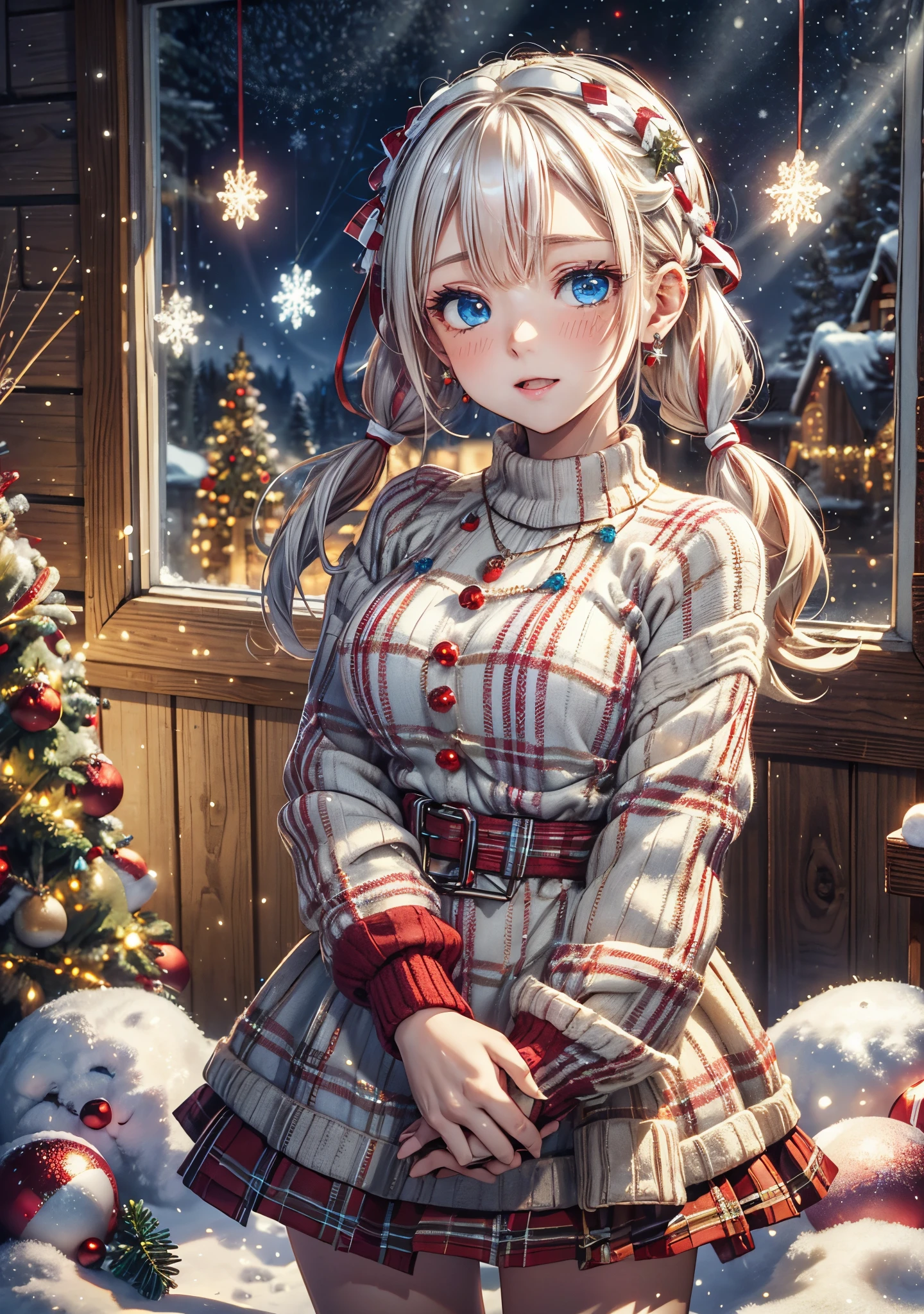 absurderes, ultra-detailliert,bright colour, Short hair,Blonde hair with fluffy short twintails:1.2) Shiny hair,(red and white plaid sweater dress:1.5),(Open mouth and laugh 1. 3),(Close one eye and feel shy:1.3),(Christmas tree:1.3),(Christmas Decorations:1.3),(colorful led lights on the wall:1.5),Delicate beautiful face, red blush、(Deep Blue Eyes:1.5), White skin, hair clips, earrings, a necklace,Heavy snow outside the window,You can also see the starry sky and the aurora borealis........