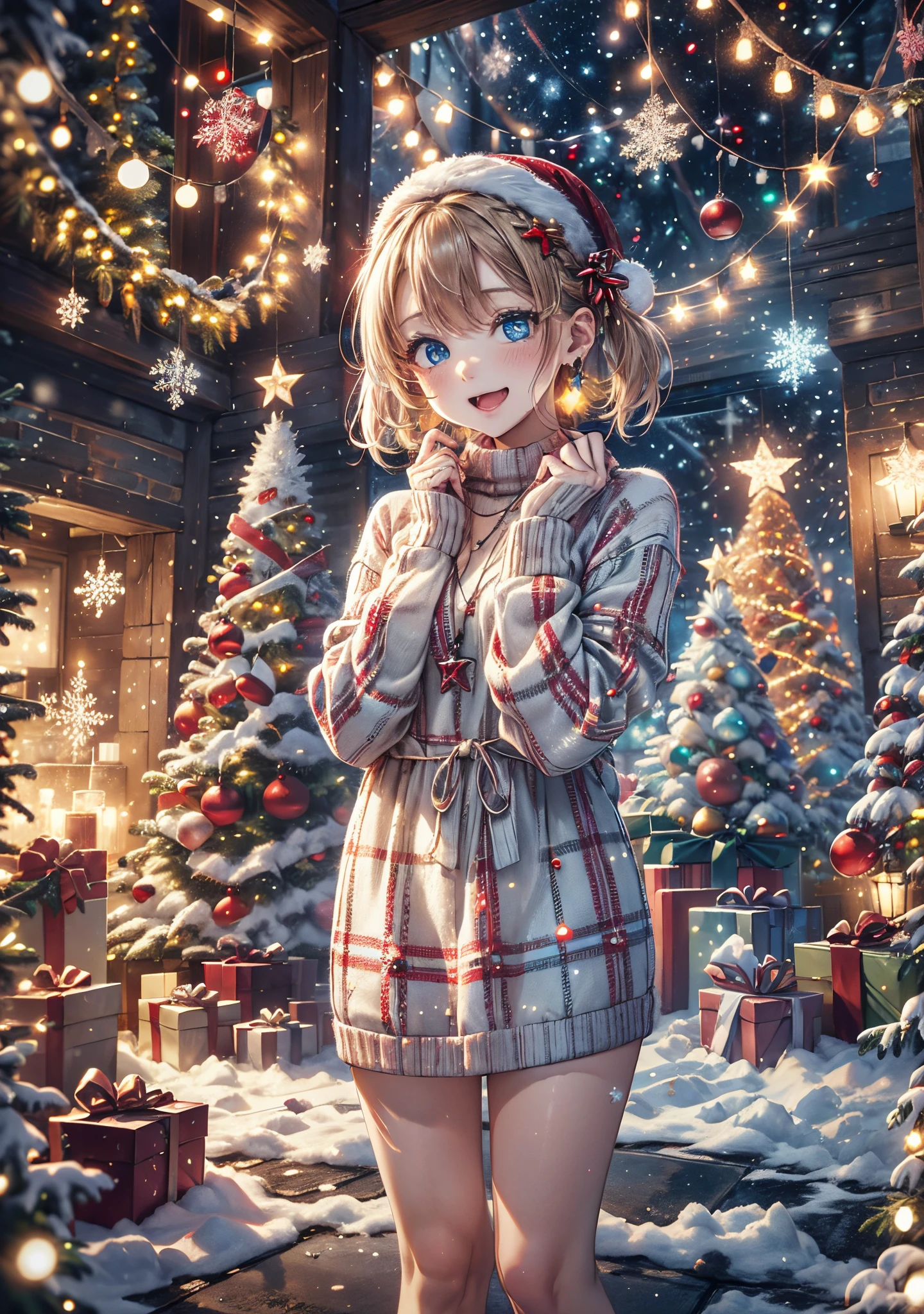 absurderes, ultra-detailliert,bright colour, Short hair,Blonde hair with fluffy short twintails:1.2) Shiny hair,(red and white plaid sweater dress:1.5),(Open mouth and laugh 1. 3),(Close one eye and feel shy:1.3),(Christmas tree:1.3),(Christmas Decorations:1.3),(colorful led lights on the wall:1.5),Delicate beautiful face, red blush、(Deep Blue Eyes:1.5), White skin, hair clips, earrings, a necklace,Heavy snow outside the window,You can also see the starry sky and the aurora borealis........
